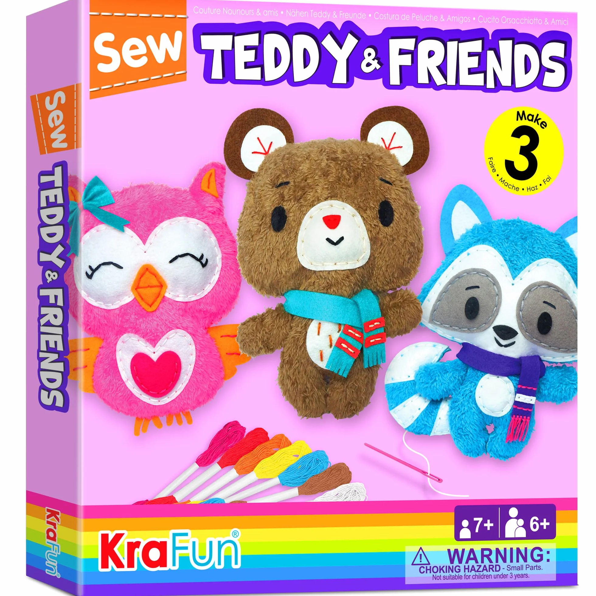 Zestaw do szycia KraFun Kids dla początkujących i rzemieślników, zawiera 3 pluszowe lalki, instrukcje i filc, hafty - Teddy & Friends
