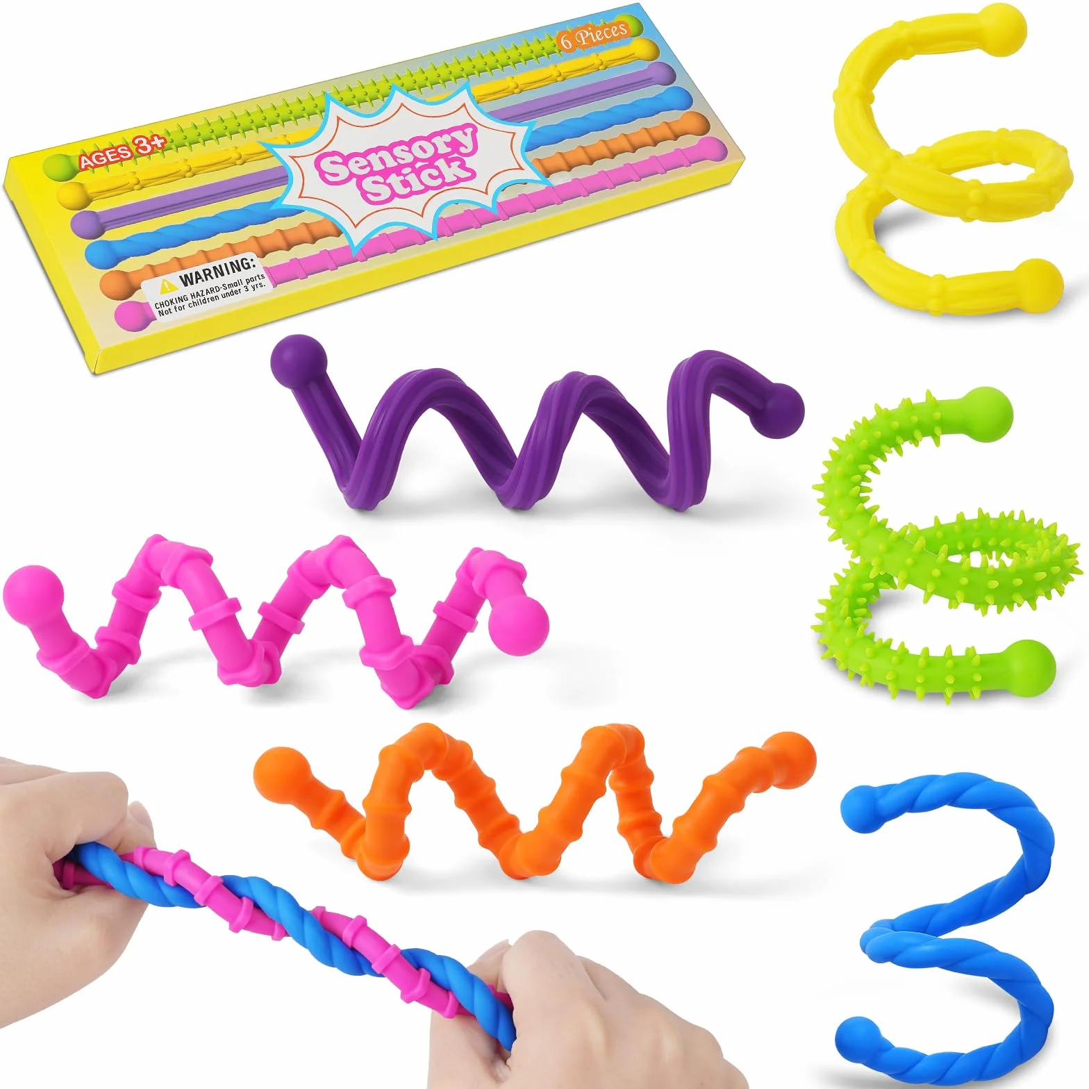 OSDUE Antystresowe kije sensoryczne, 6 sztuk, silikonowe zabawki sensoryczne, teksturowane, teksturowane fidget, kolorowe patyczki do autyzmu, ADHA, stres, lęk, 25 cm