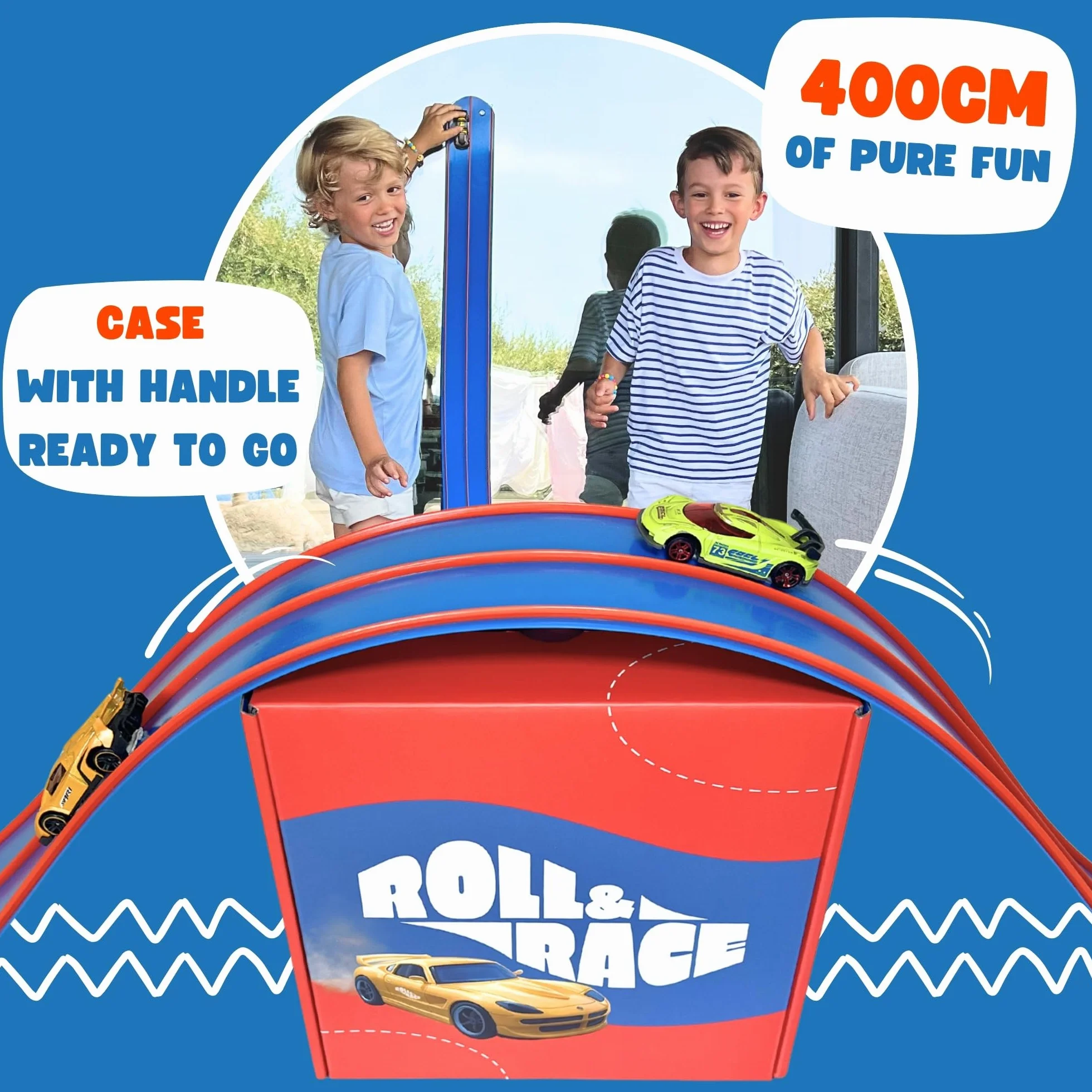 Roll&Race Elastyczny tor samochodowy i zwijany 400 cm - Wyprodukowano w Hiszpanii - Gumowy tor wyścigowy - Elastyczny tor samochodowy - Zabawka prezent dla dzieci - Race Cars Wheels - Rampy