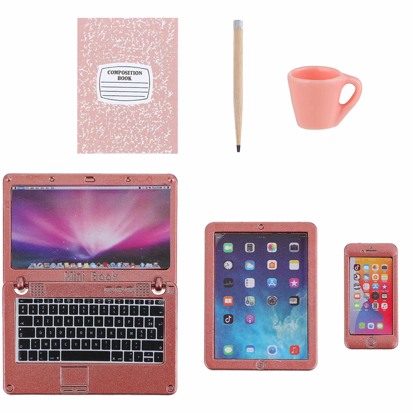 TIESOME 6-częściowy zestaw do domku dla lalek, miniaturowy zestaw laptopa, laptopa, komputera, domku dla lalek, dekoracja, mały domek dla lalek, model mebli, tablet symulacyjny (różowy)