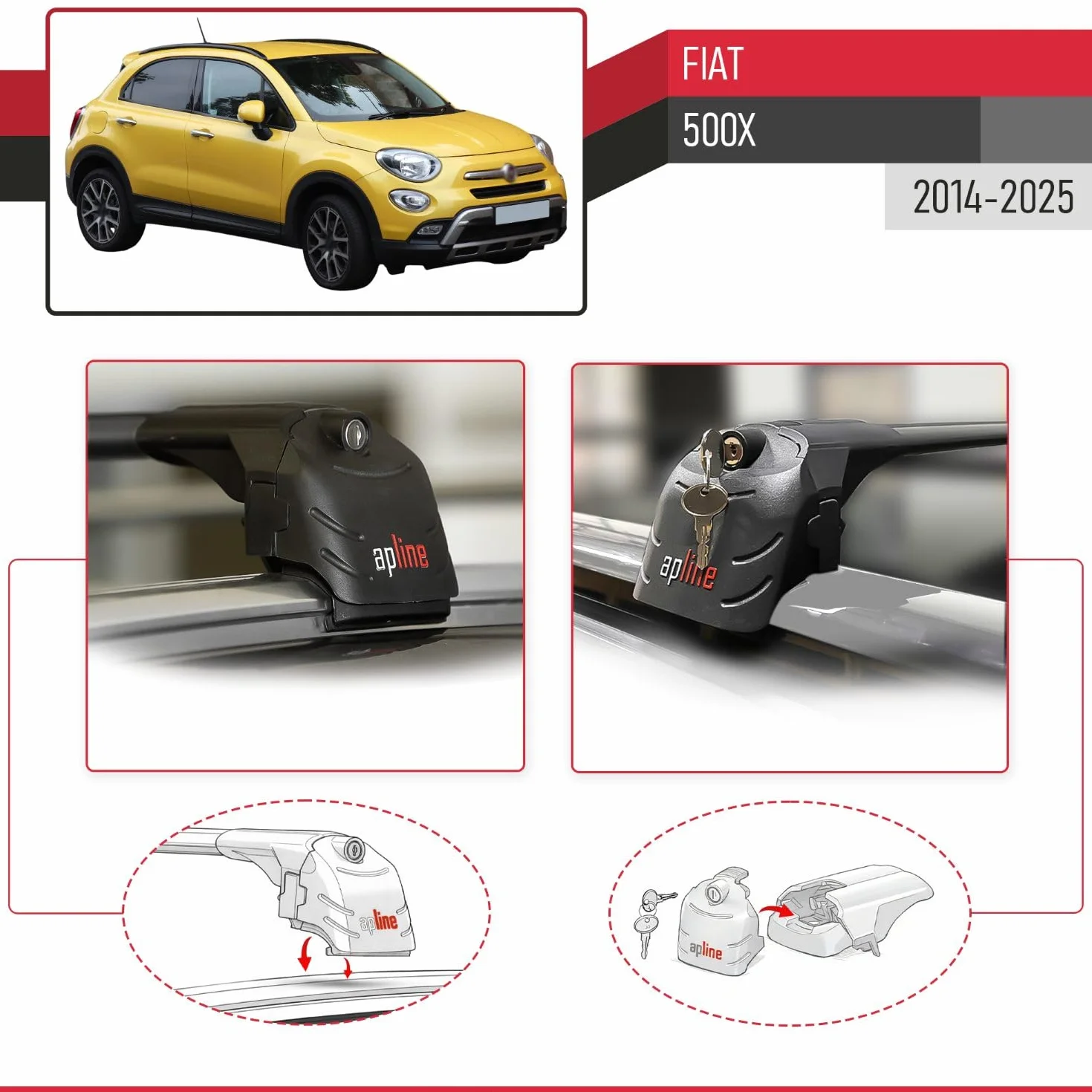 Kompatybilny z Fiat 500 X 2014-2025 ACE-2 Model Aluminiowy bagażnik dachowy – 2 poprzeczki, czarne