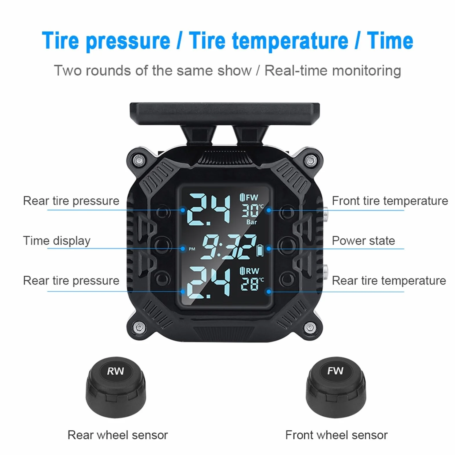 Cyfrowy miernik ciśnienia w oponach Monitor ciśnie System monitorowania ciśnienia w oponach TPMS motocykla dla motocykla, skutera i roweru TMPS z 2 czujnikami zewnętrznymi