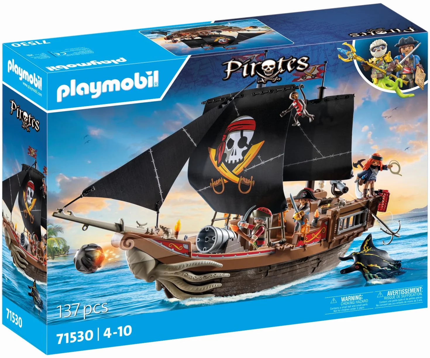 PLAYMOBIL Pirates 71530 Duży statek piracki, bitwa morska i tajne poszukiwanie skarbów w głębinach morzach, w zestawie armaty, pociski i kotwica, odpowiednie dla dzieci od 4 roku życia