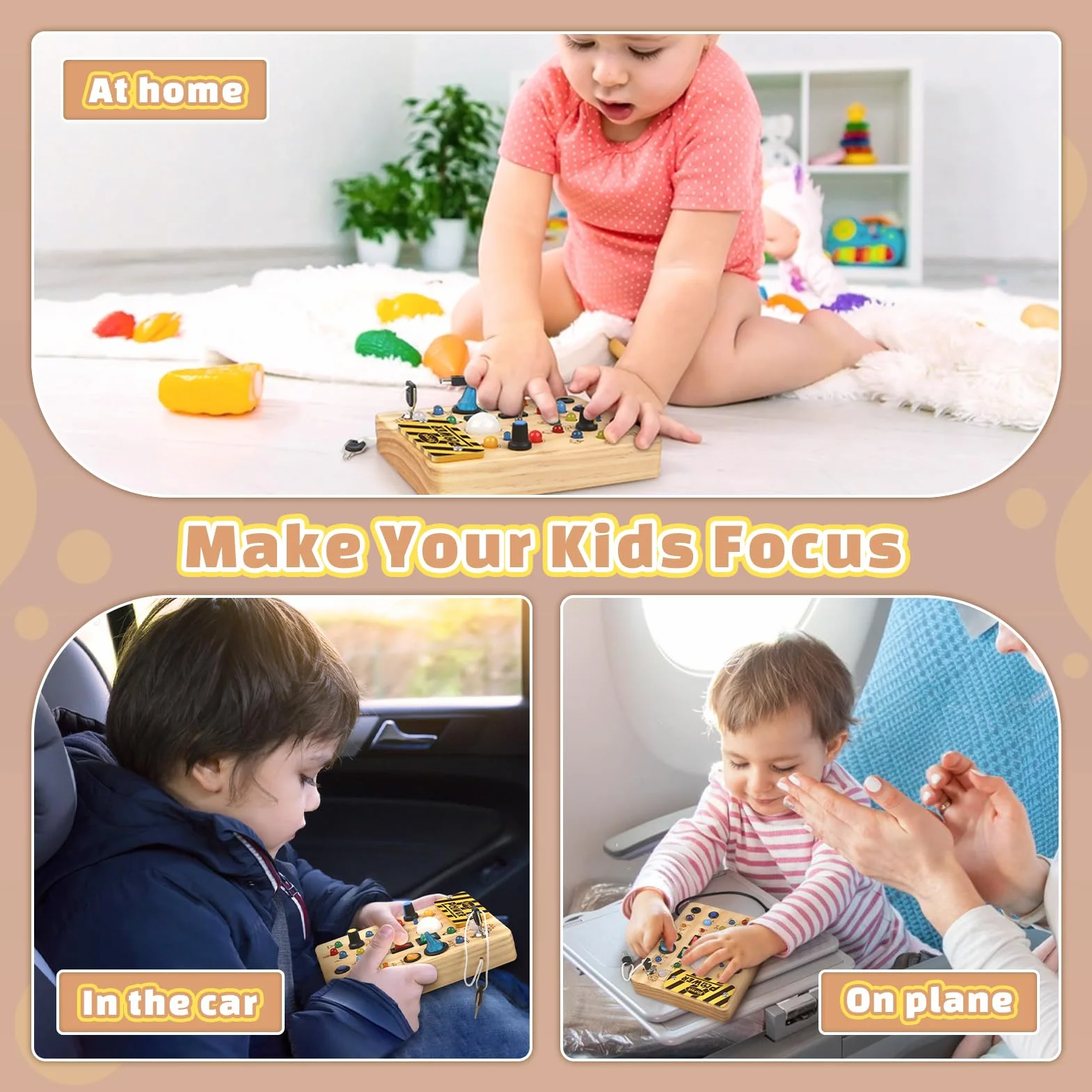 Joyreal Busy Board Baby Montessori zabawka dla dzieci od 1 roku życia, zabawka motoryczna z 19 diodami LED, zabawka sensoryczna, drewniana zabawka edukacyjna, prezent dla chłopców i dziewczynek od 1