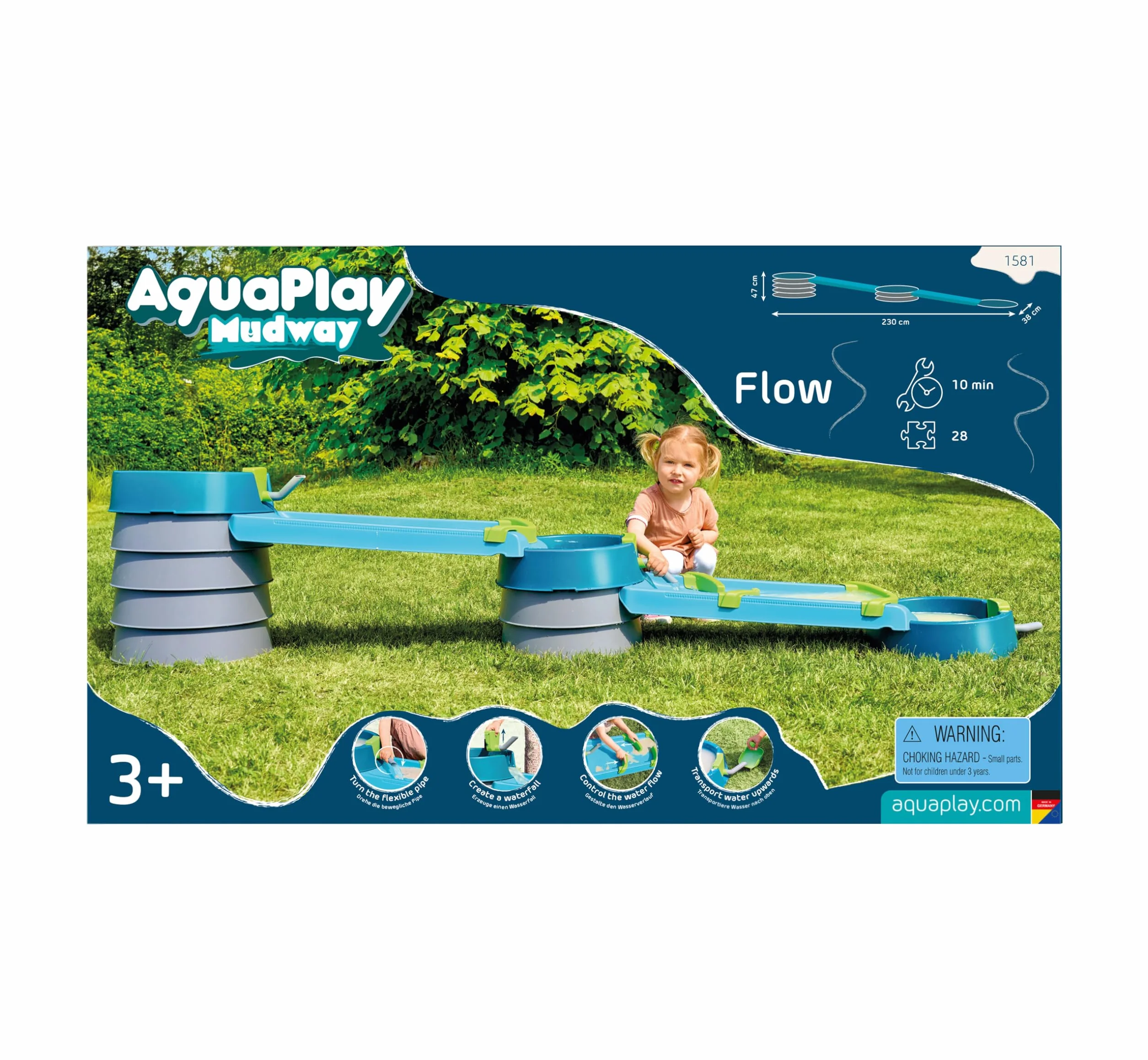 AquaPlay Mudway Flow – połączony tor wodny i piaskowy, 2,3 m tor wodny z zamkami, umywalką i suwakiem, elastyczny system wtykowy, odporny na warunki atmosferyczne, naturalnie połączony tor wodny na