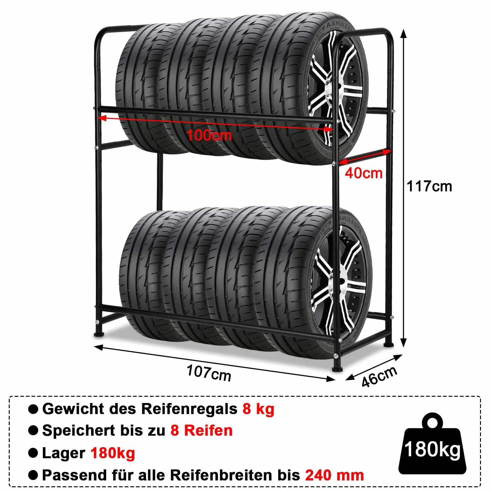 Lospitch Stojak na opony 8 opon 107x46x117 cm malowany proszkowo metalowa półka warsztatowa