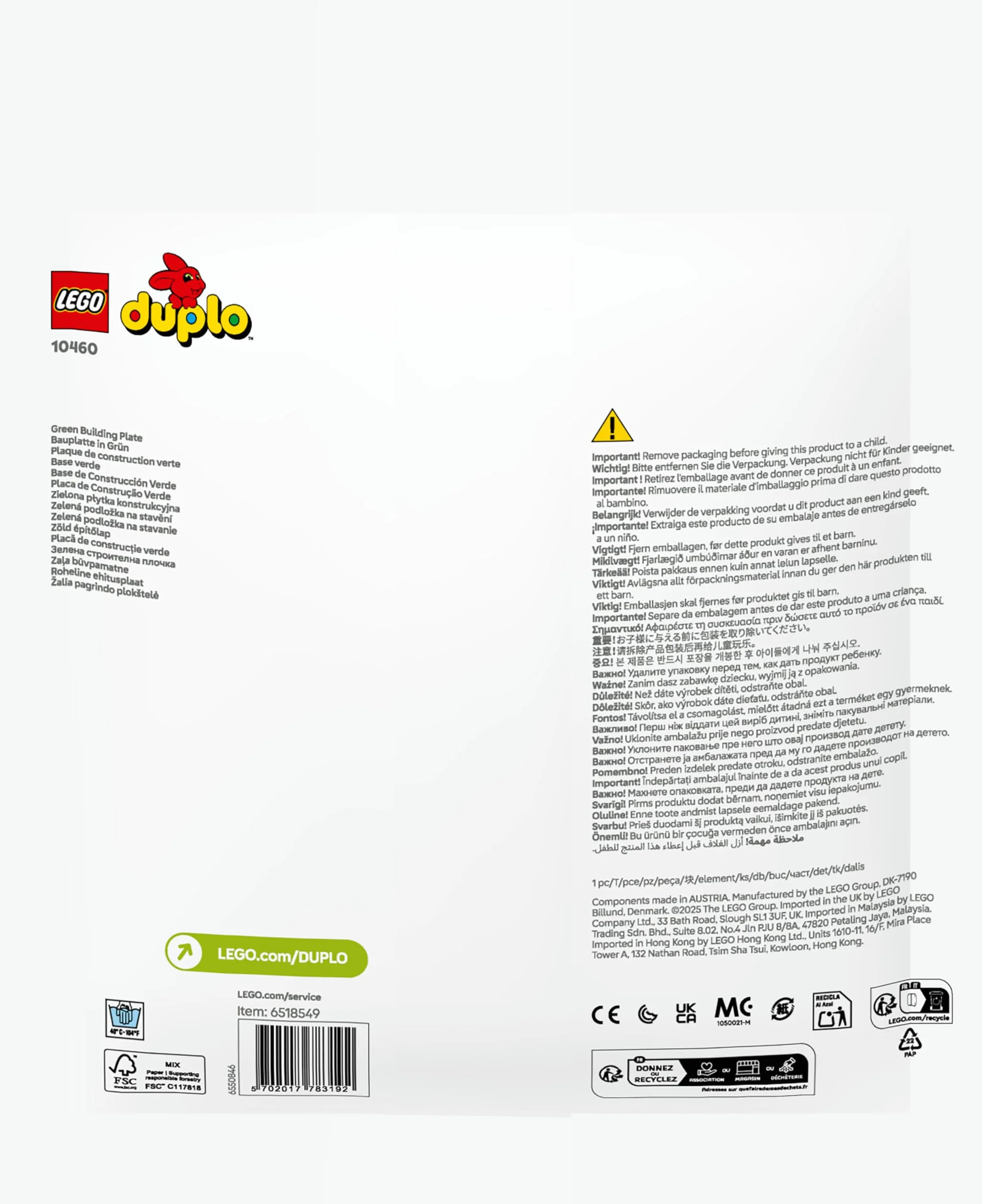 LEGO DUPLO Zielona Płytka Konstrukcyjna, Kreatywna Zabawka dla Dziecka do Zbudowania, Podstawka do Klocków, Pomysł na Prezent dla Rocznego Dziecka, na Roczek, dla Chłopca i Dziewczynki, 10460