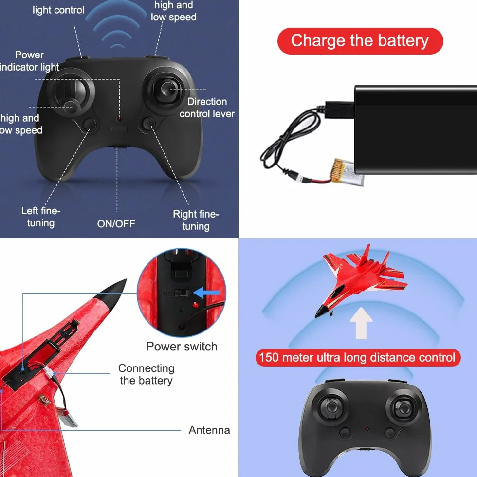 Samoloty RC 2CH, 2,4 GHz zdalnie sterowany samolot zabawka ze światłem LED, samolot RC dla początkujących z pilotem zdalnego sterowania i ładowaniem USB, zabawka styropianowa ulotka dla