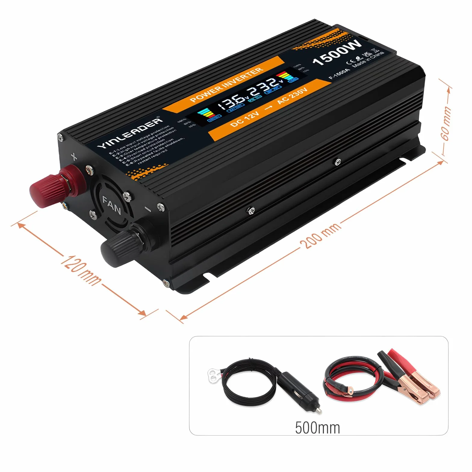 Yinleader Przetwornica napięcia 1500 W, 12 V, 220 V, konwerter 12 V, 230 V, LCD, 2USB, transformator napięcia 12 V, 220 V