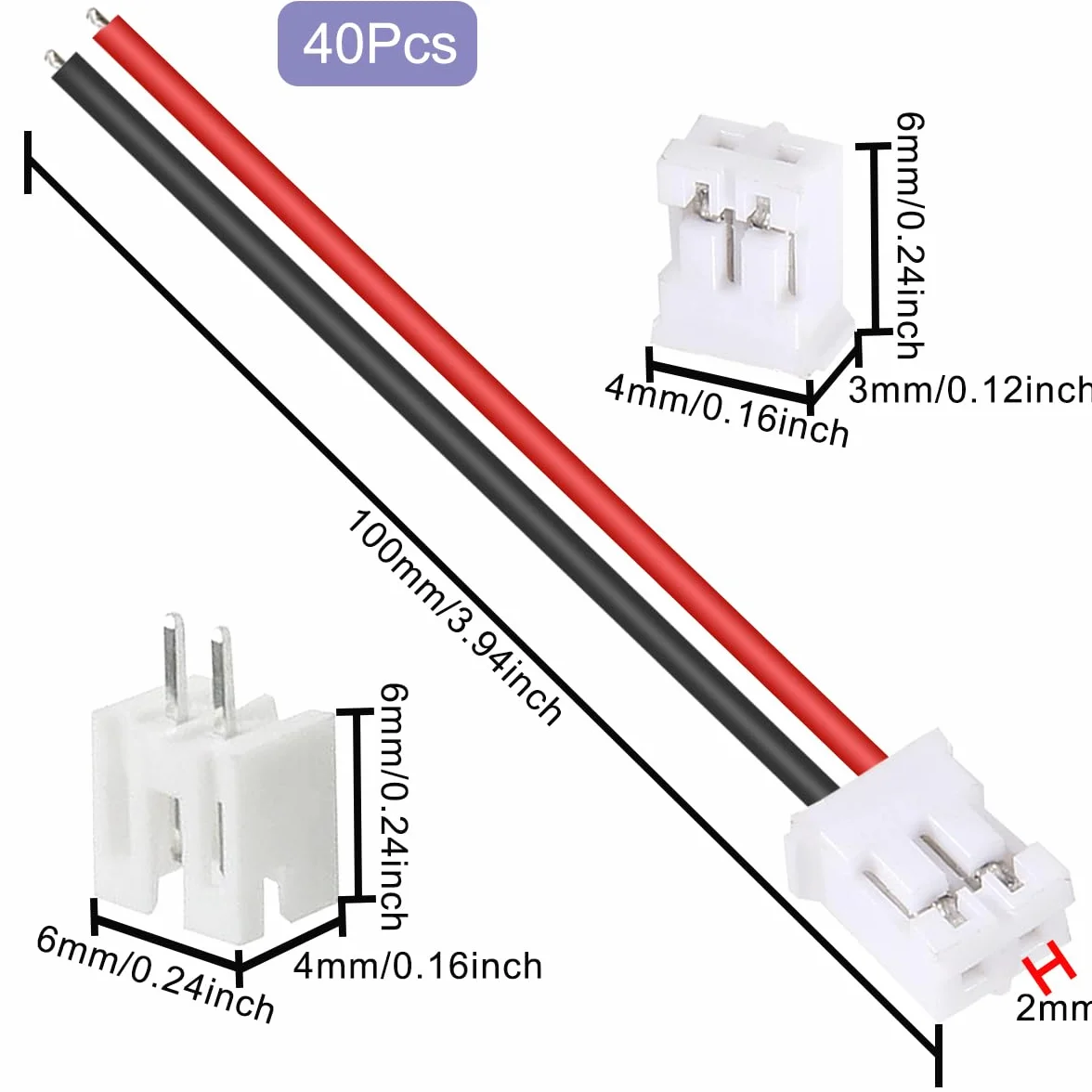 40 szt. JST 2.0 PH 2-pinowe złącze męskie z kablem 10 cm i żeńskim mikro JST PH 2,0 mm 2-pinowe złącze wtykowe do samolotu, quadkoptera, łodzi, samochodu, zabawek, panelu sterowania PCB