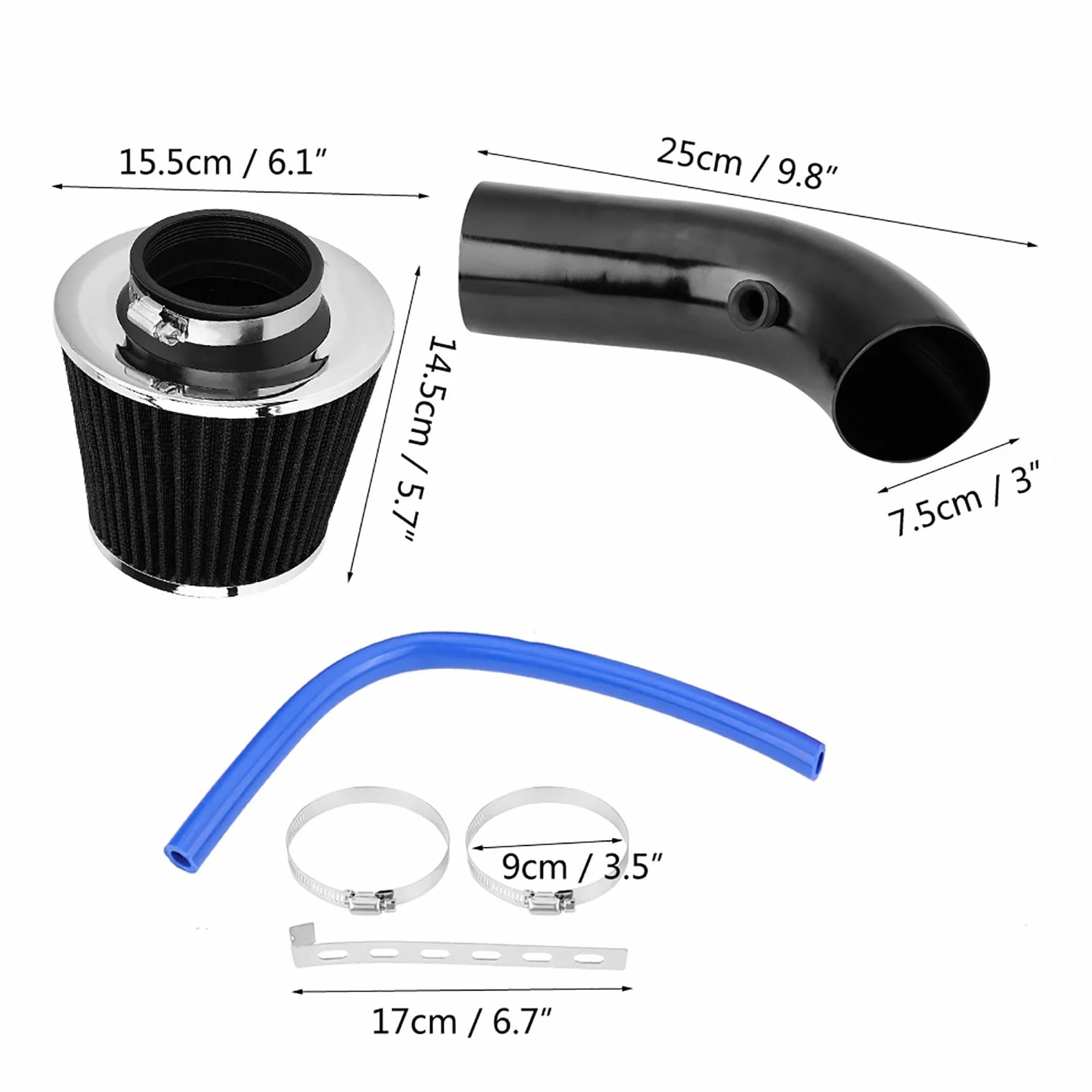 Auto Sport Filtr powietrza, 76 mm 3-calowy uniwersalny zestaw filtra wlotu powietrza chłodzącego, uniwersalny system wlotu powietrza z włókna węglowego z wężem (wzór węglowy)