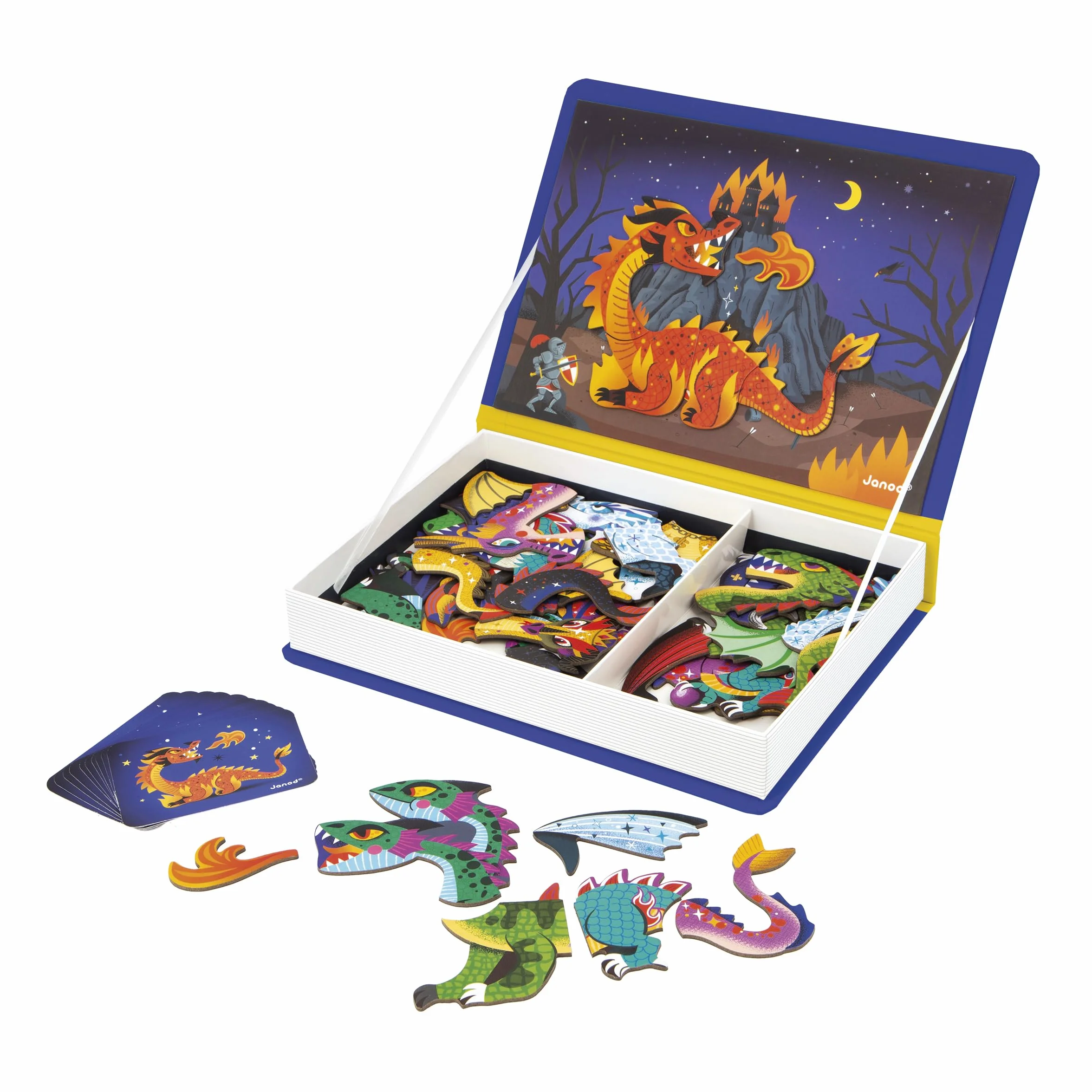 Janod - Magnetic 'Book Dragons - Magnetyczna gra edukacyjna 53 magnesy + 10 modeli - zabawka dla dzieci z tektury FSC - rozwija zręczność i wyobraźnię - od 3 lat - J02527, Fioletowy