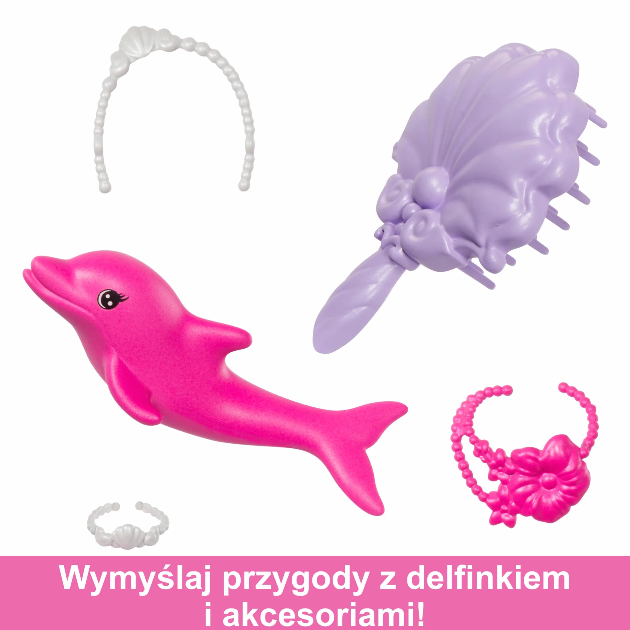 Barbie Malibu Syrenka Zmiana koloru Lalka z różowymi włosami, akcesoriami do stylizacji, delfinkiem i funkcją zmiany koloru aktywowaną wodą, HRP97