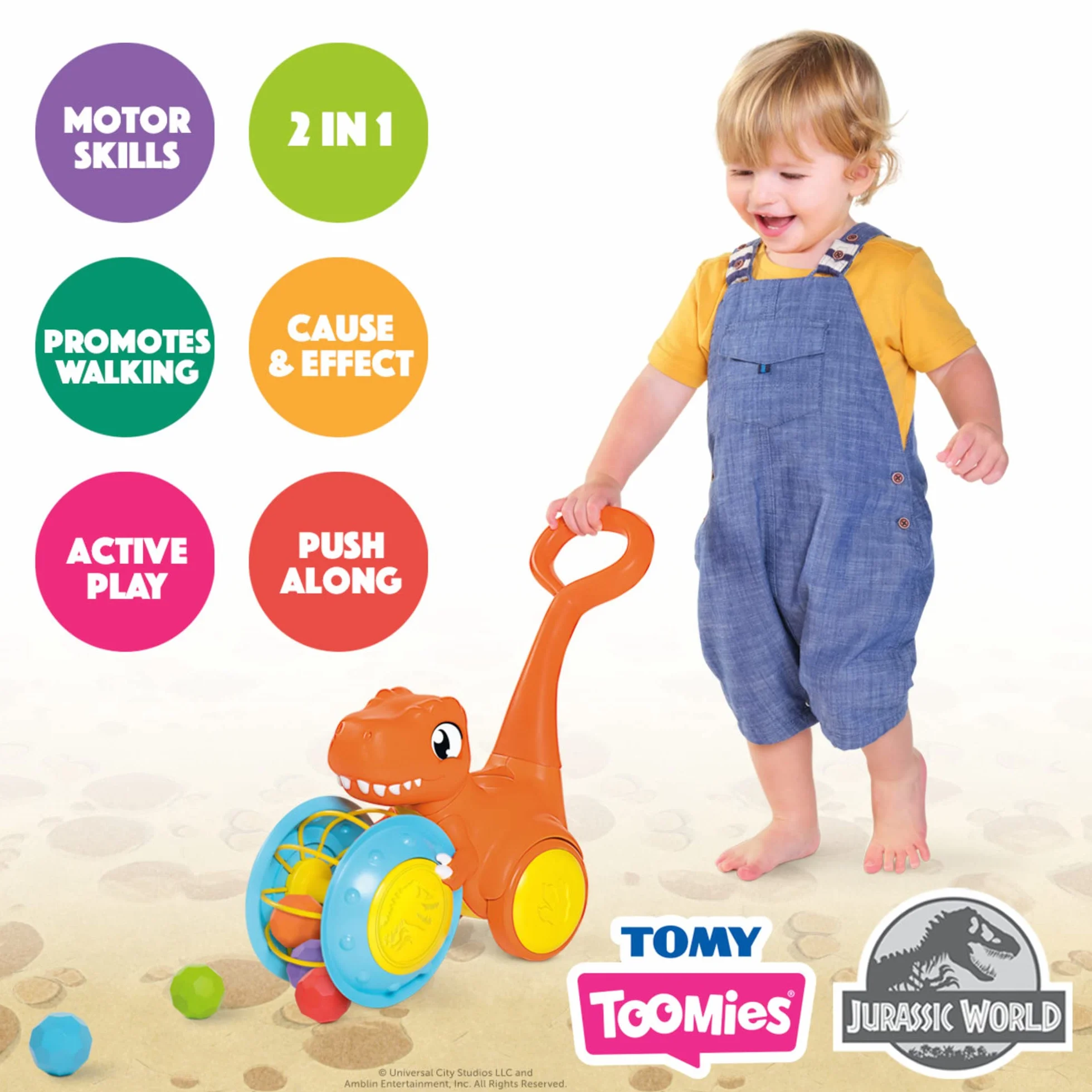 Toomies E73254 Tomy Pic & Push T. Rex, Children, Jurassic World, Educational Push & Go Vehicle, Colourful Dinosaur Toy for Baby Boys & Girls Aged 12 Months +, Multicoloured