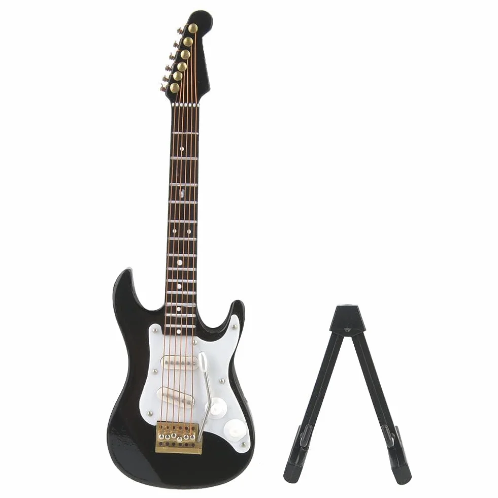 5,5 W gitara elektryczna miniatura drewno mini gitara model wyświetlacz instrument muzyczny miniatura domku dla lalek model dekoracja (czarna)