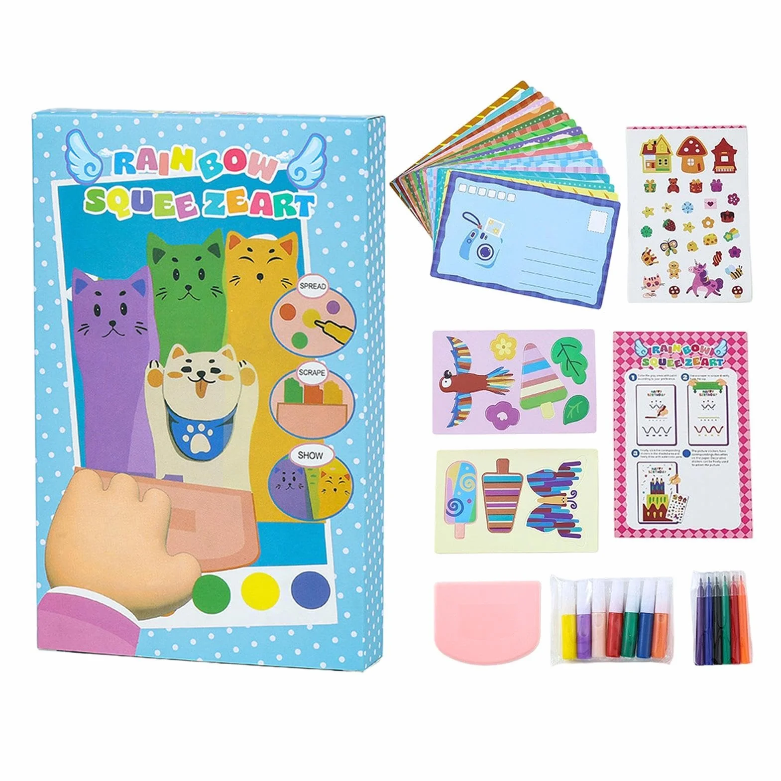 Rainbow Squeeze Art Kit - DIY Postcards Kids Painting Kit for Boys Girls, Fine Motor Skills Classroom Home School Birthday, Creative Craft Activity Set for Children Learning, Fun Art Play
