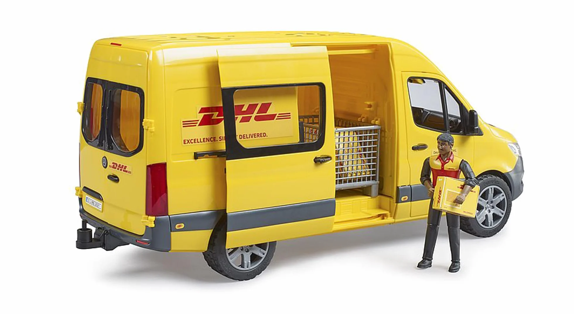 bruder 02671 - MB Sprinter DHL z kierowcą, w tym paleta skrzyniowa z paczkami wysyłkowymi, pojazd, transporter
