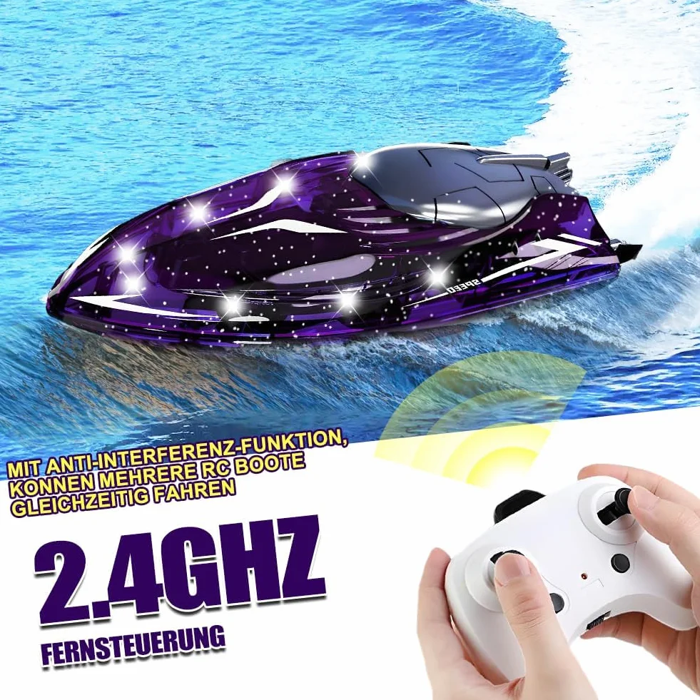 Zdalnie Sterowana Łódź,Zabawka Z Oświetleniem LED,Pilot Zdalnego Sterowania 2,4 G, 360°,Zabawka Wodna Dla Dzieci, Wodoszczelna,Wysoka Prędkość 20 Km/h, Zabawka Basenowa Dla Chłopców I.