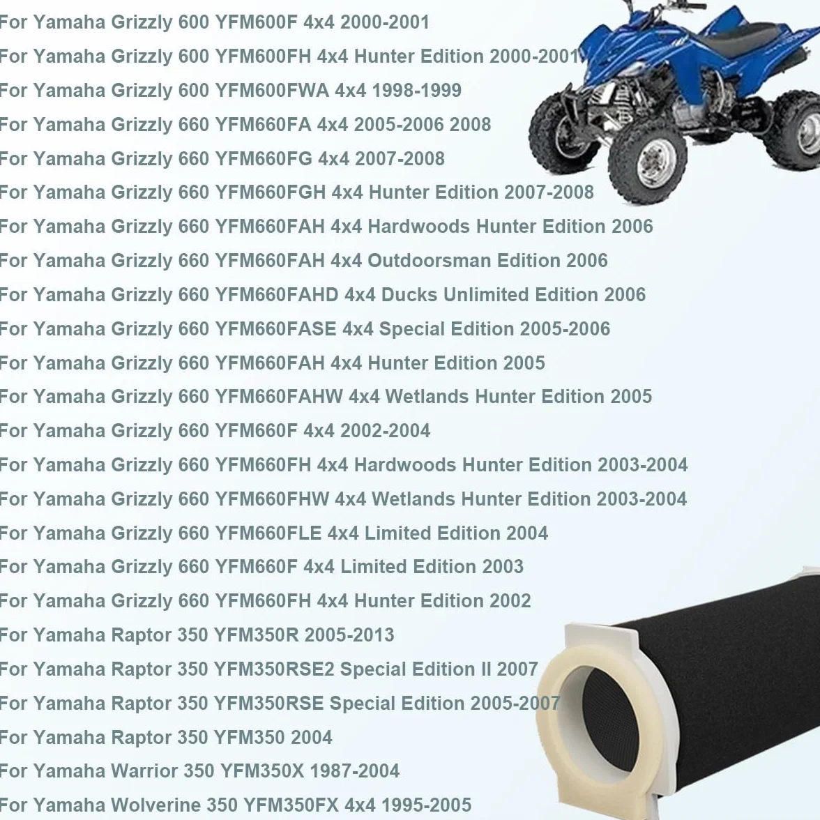 ZAMDOE Zestaw końcówek i wkładów filtra powietrza do Yamaha Warrior Raptor Wolverine 350 YFM 350 Grizzly 600 660 YFM600 YFM660 1987–2013 1UY-14458-01 1UY-14468-00 1UY-14451-00 1UY-14458-01-00