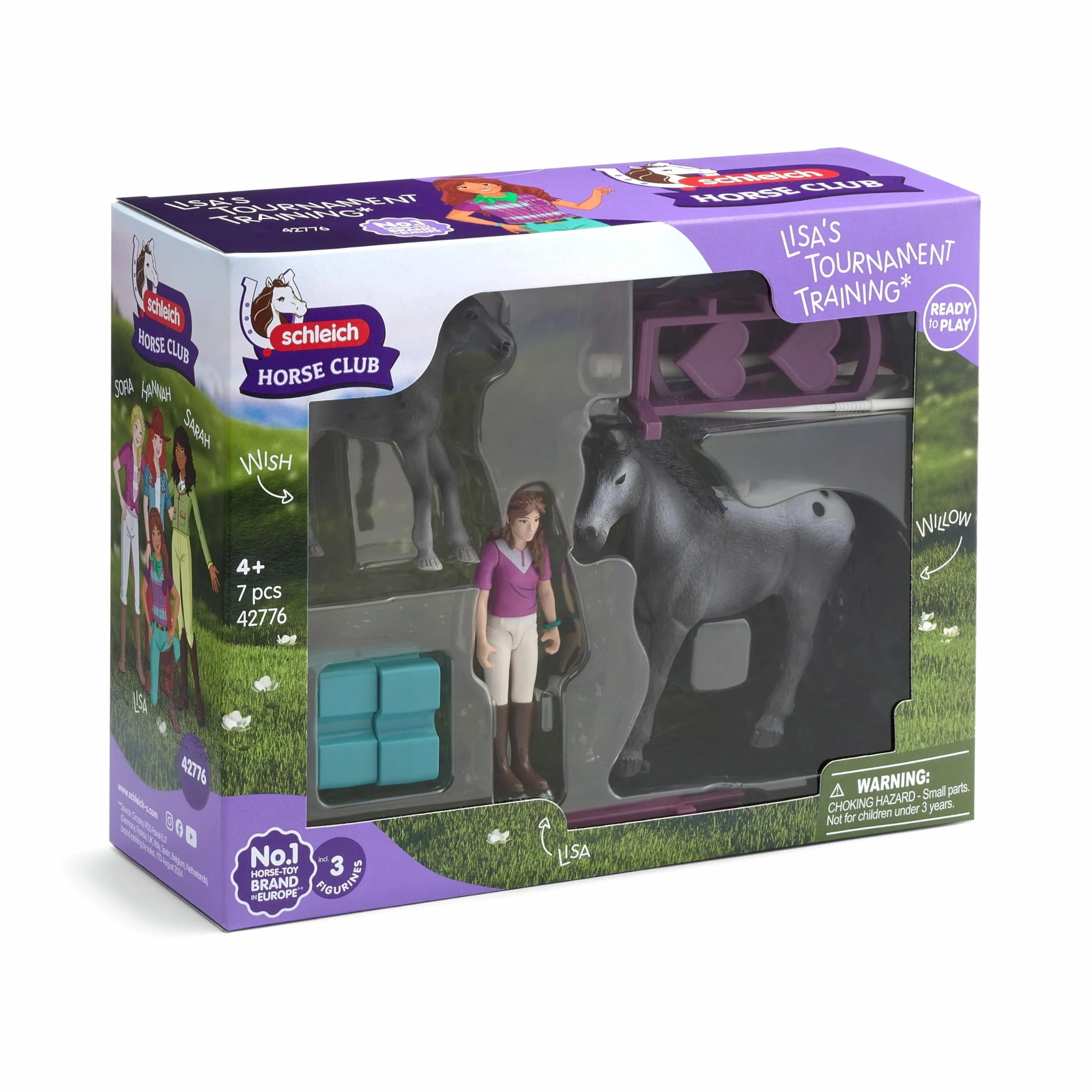 schleich HORSE CLUB | Trening turniejowy Lisy 42776 | Zestaw z koniem, źrebięciem, ruchomą figurką Lisy, przeszkodami i akcesoriami jeździeckimi | Zabawka konie od 5 lat | 7 elementów