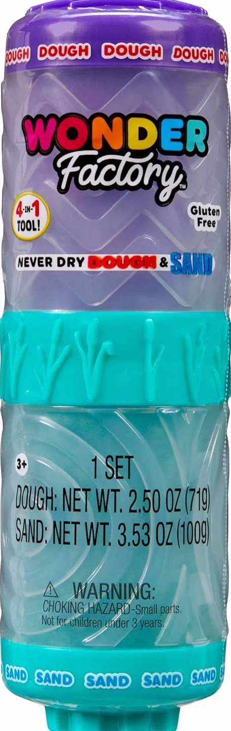 Wonder Factory Never Dry Dough and Sand Starter Set – Zawiera 1 Tubkę z 104 ml Piasku i 1 Tubkę z 74 ml Bezglutenowej Masy Plastycznej. Nigdy nie Wysycha, Zabawa Pełna Nieskończonych Możliwości