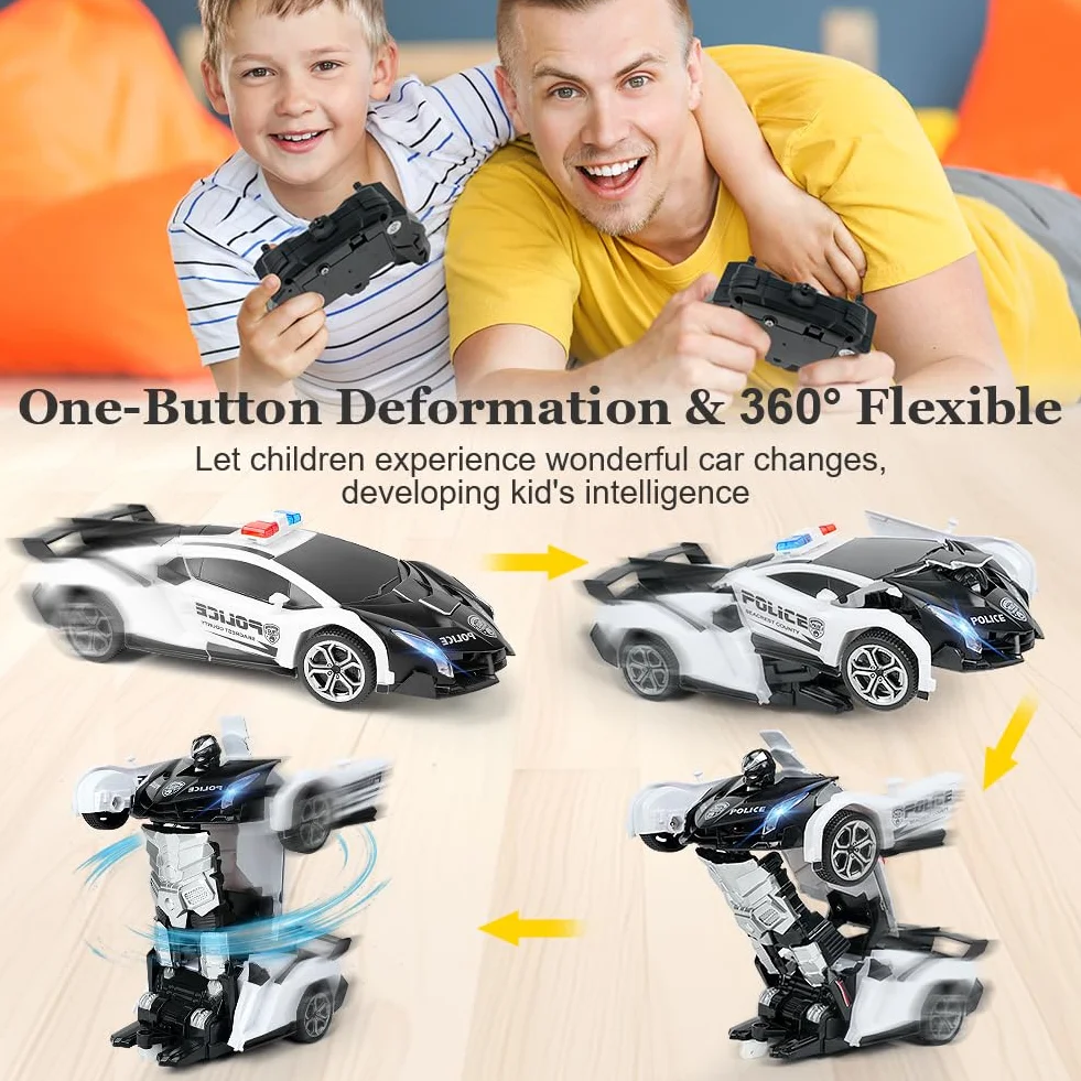 HOTUT Transform Toys 2 w 1 zdalnie sterowany samochód RC policji z 360 obrotami i chłodnym światłem, ładowalny 2,4 GHz zabawka dla chłopców od 6 lat