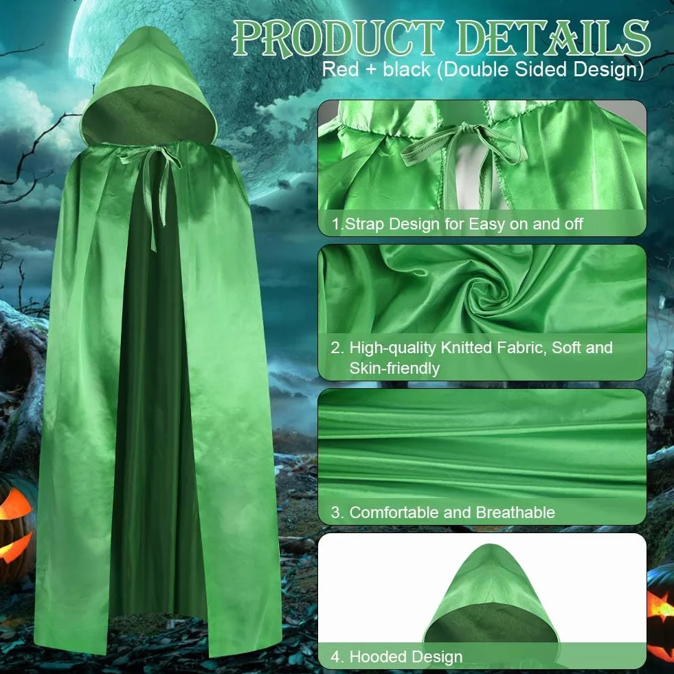 Aomig Czarna peleryna z kapturem na Halloween dla dorosłych, długa peleryna z kapturem, czarownica, akcesoria do cosplay, tajemniczy czarodziej, bajkowy, fantazyjny kostium, Halloween, maskarada