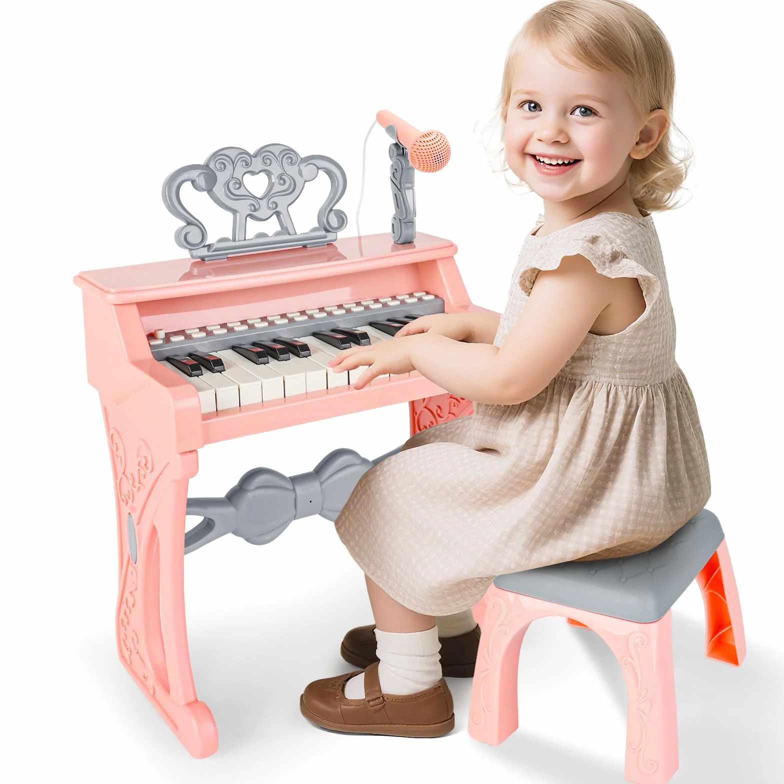deAO Pianino dla dzieci, zabawki do muzycznej klawiatury fortepianowej dla dzieci, elektroniczna zabawka fortepianowa z stołkiem i mikrofonem, 25 klawiszy, 22 piosenki, różowy