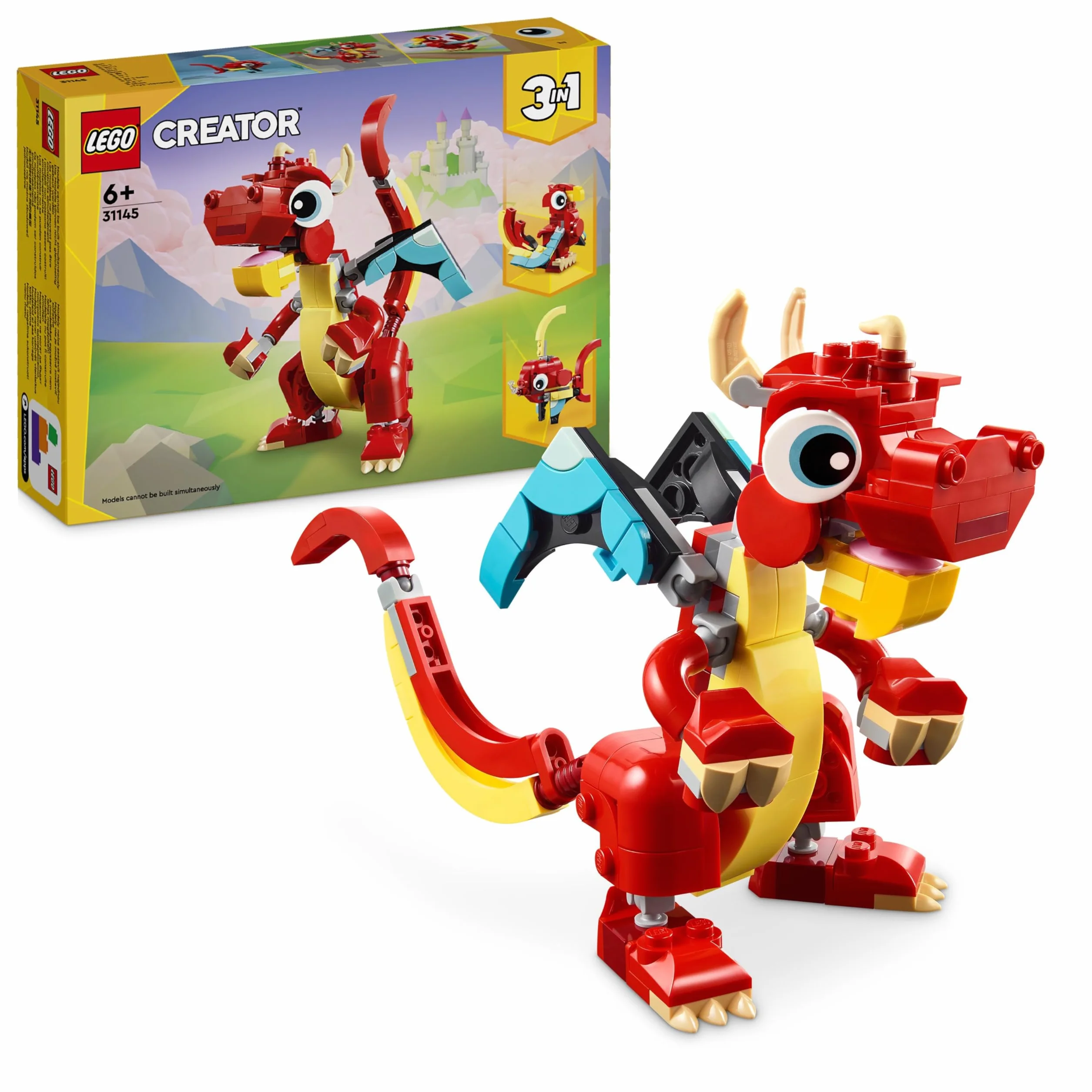 LEGO Creator 3in1 Red Dragon Toy to Fish Figure to Phoenix Bird Model, Animal Figures Set, Gifts for 6 Plus Year Old Boys, Girls and Kids 31145