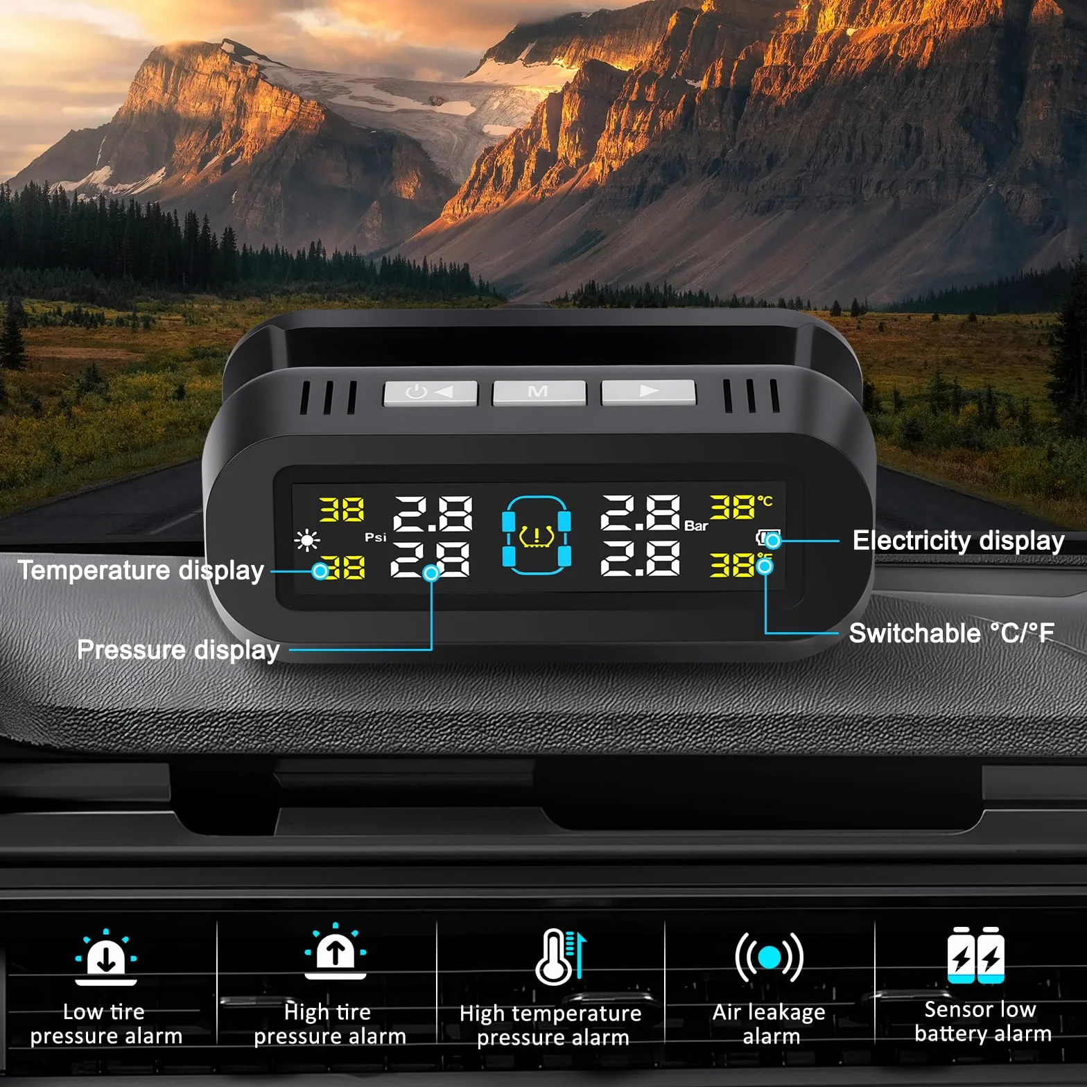 System monitorowania ciśnienia w oponach TPMS monitor ciśnienia w oponach solarny bezprzewodowy i ładowanie USB z 4 czujnikami zewnętrznymi, alarmy głosowe do samochodów kempingowych, SUV-ów