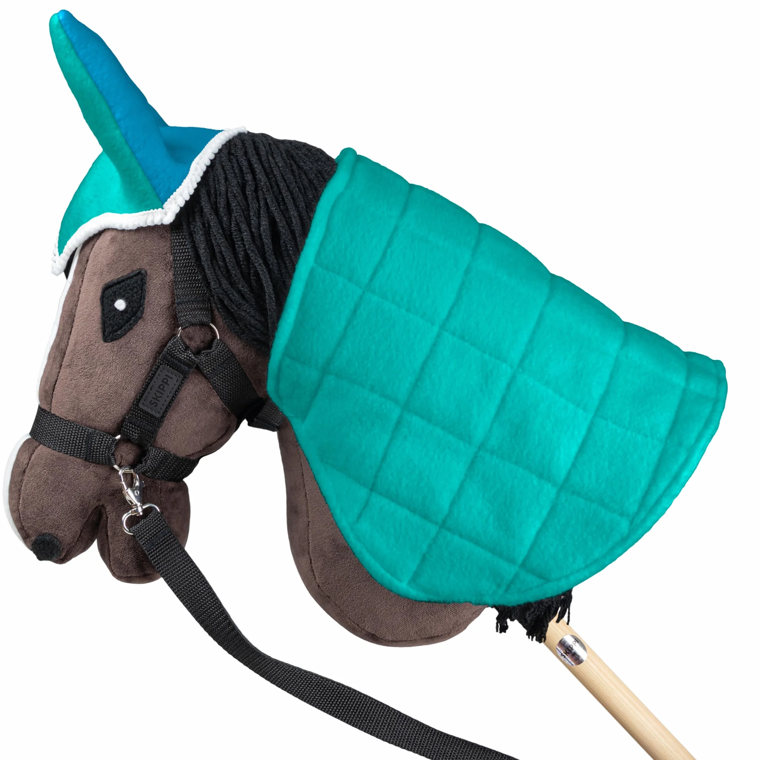 SKIPPI Zestaw Derka i Nauszniki dla Hobby Horse - Mięta i Niebieski, Dwustronna Derka z Polaru, Akcesoria dla Konia na Kiju, Regulowane Zapięcie na Szyi, dla Większości Koni A3 i A4