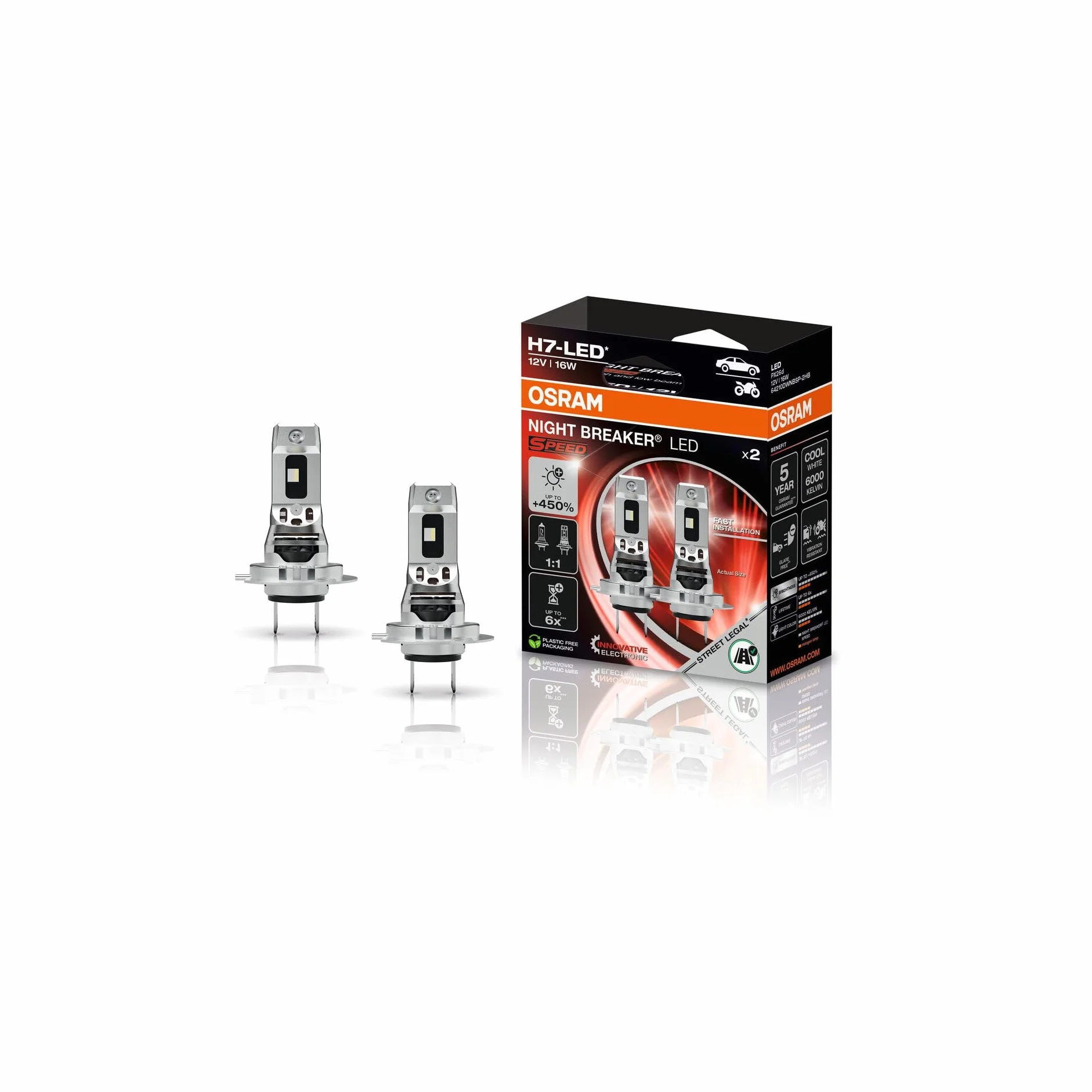 OSRAM NIGHT BREAKER LED SPEED H7 450, światła drogowe i mijania LED z homologacją drogową, do 450% większa jasność, 6000 K, szybki montaż, bez akcesoriów mechanicznych, zintegrowany LEDEC02