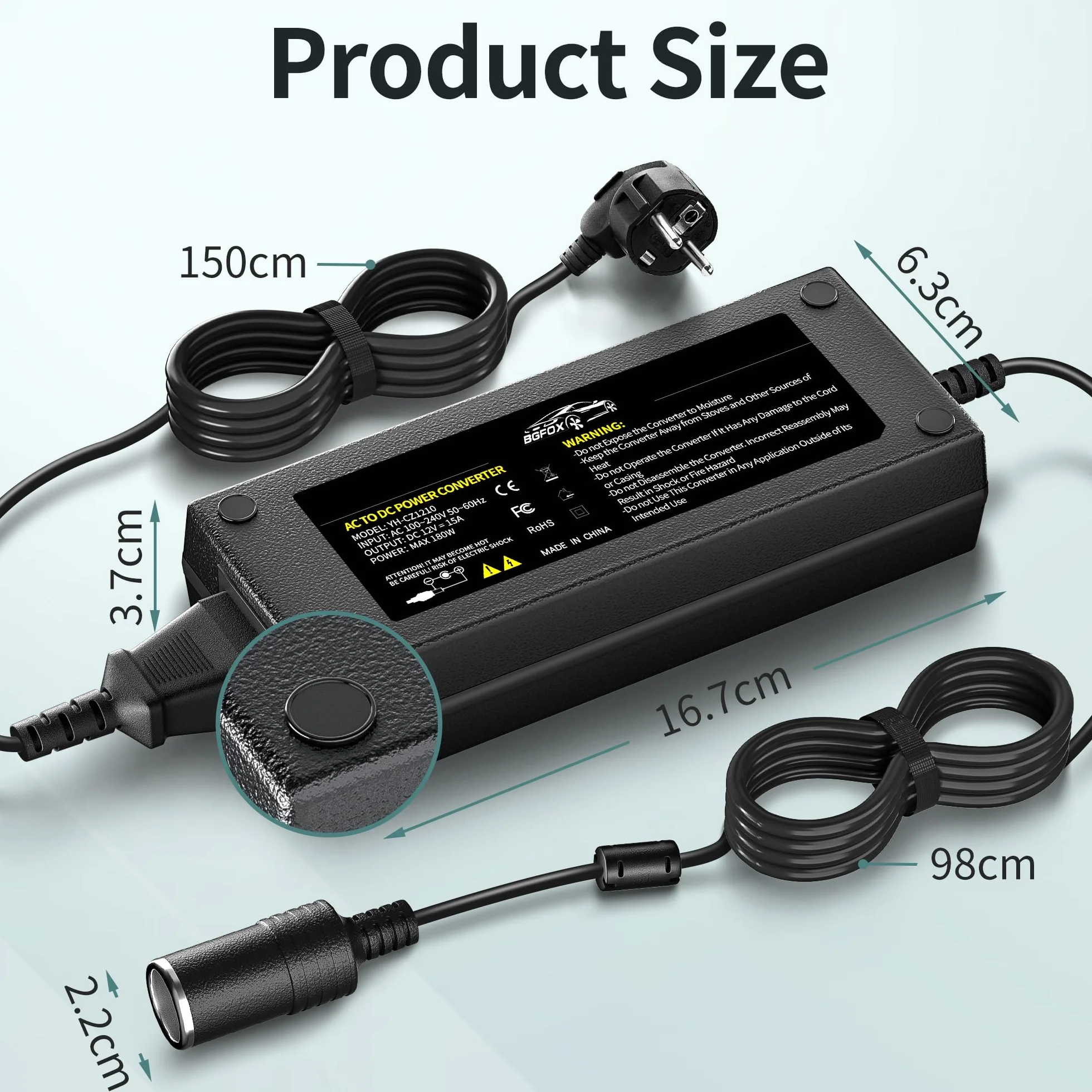 Adapter sieciowy do samochodu 180 W/15 A, przetwornica napięcia 2,65 m, 230 V na 12 V, 220 V, adapter z gniazdem zapalniczki do lodówki, odkurzacza samochodowego, lodówki samochodowej,