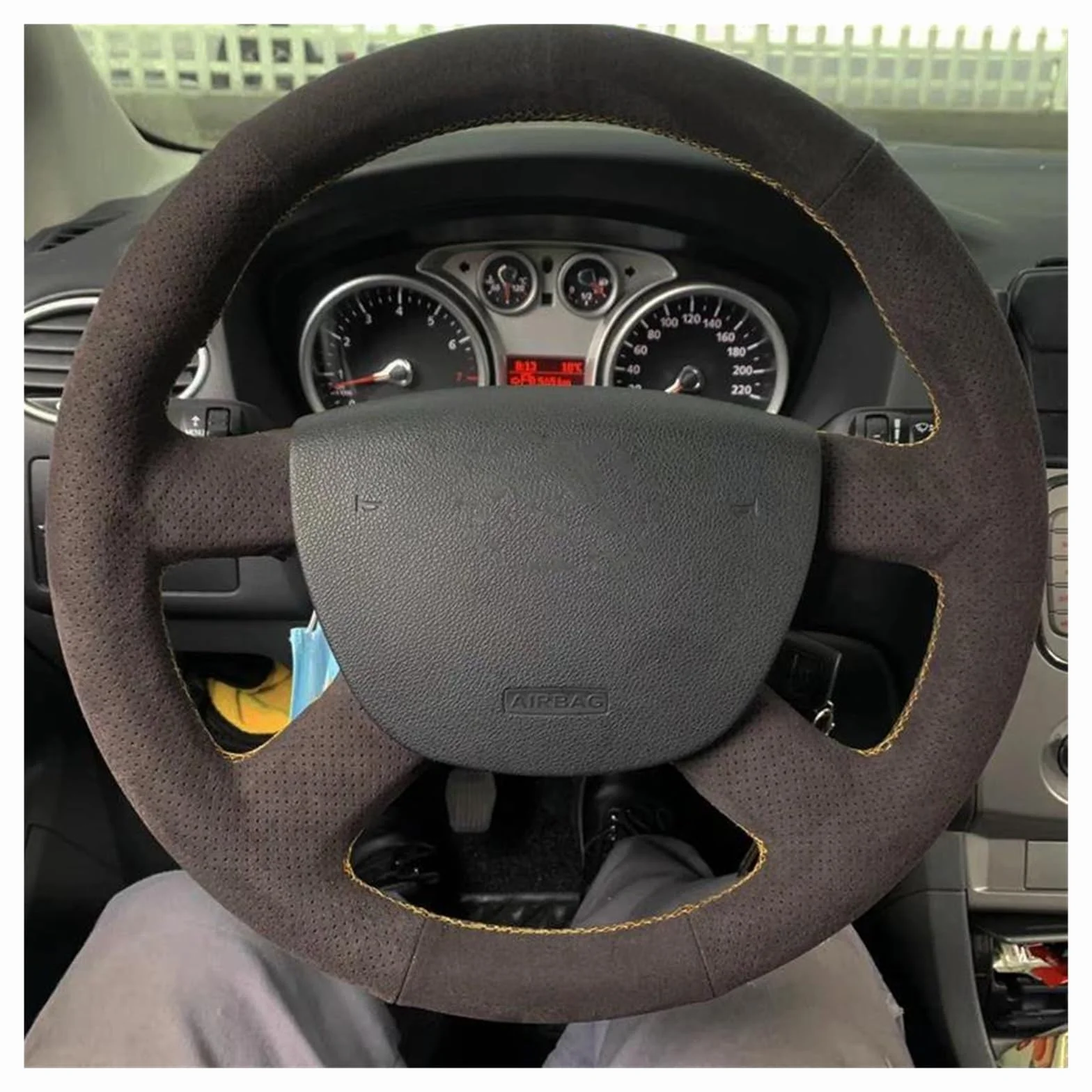 Zamszowy pokrowiec na kierownicę do samochodu dla Kuga 2008-2011 Focus 2 2005-2011 C-MAX 2007-2010 Transit Blue Thread