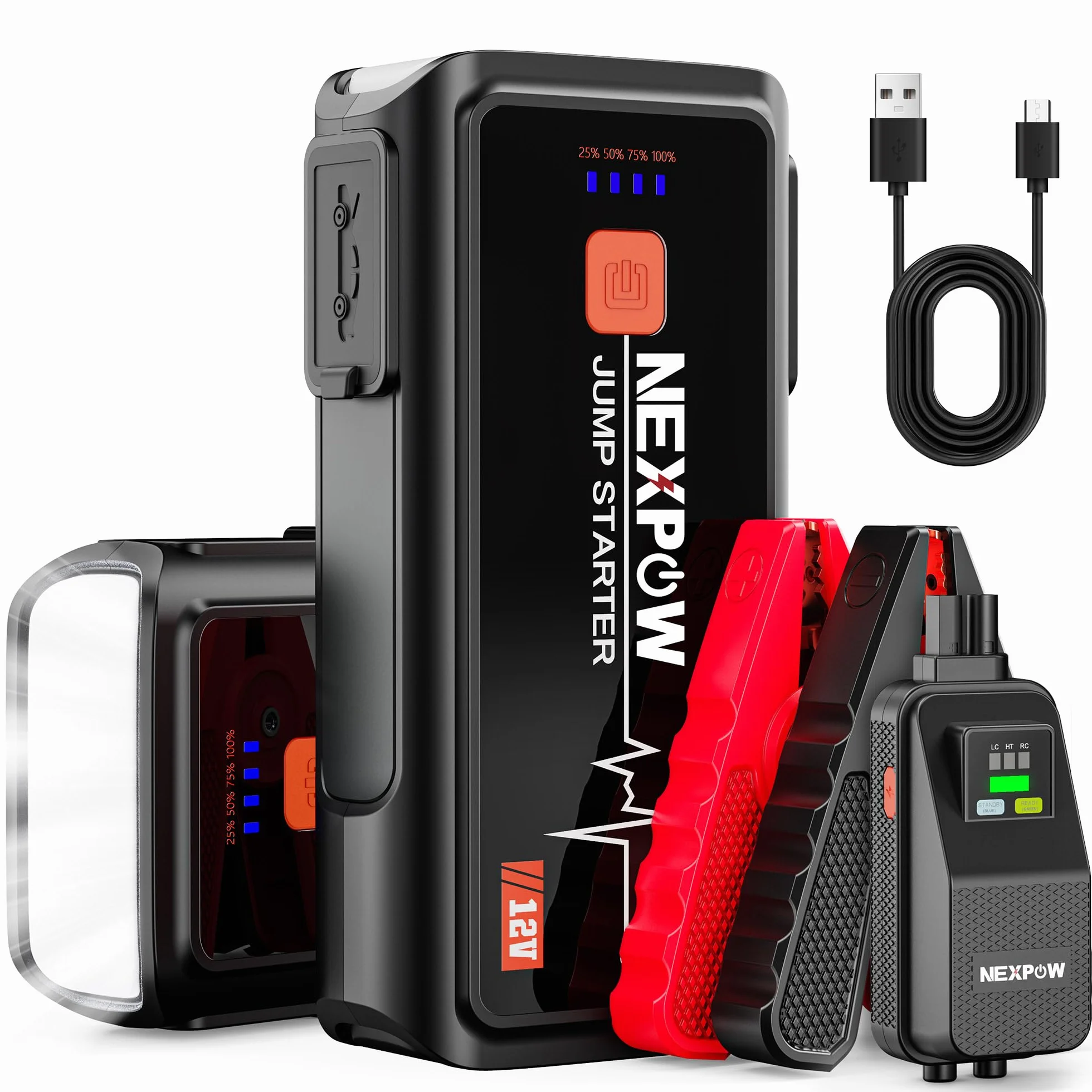 NEXPOW Urządzenie rozruchowe 3000 A do pojazdów 12 V (do 10 l benzyny/8,5 l oleju napędowego), powerbank z latarką LED, USB, do ekranu, wzmacniacz akumulatora samochodowego do SUV-ów, motocykli