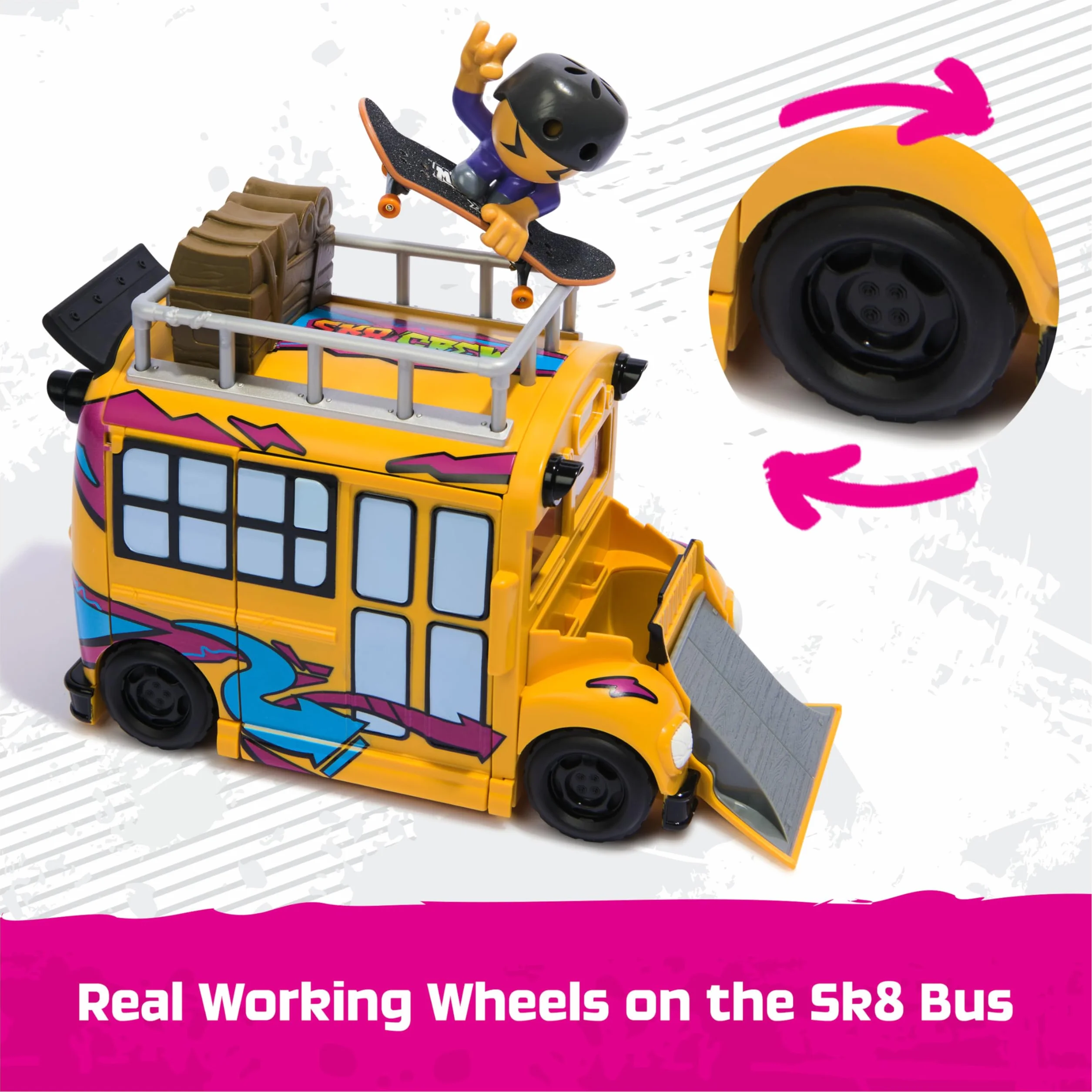 Tech Deck Sk8 Crew 2-w-1 Transformujący autobus Ultra Sk8 i schowek z podstrunnicą i figurką, kolekcjonerskie mini deskorolki, zabawki dla dzieci w wieku od 5 lat