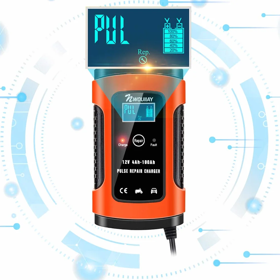 Ładowarka samochodowa 6 A/12 V, inteligentna ładowarka z ekranem LCD, akumulator samochodowy i ładowarka do akumulatora motocyklowego