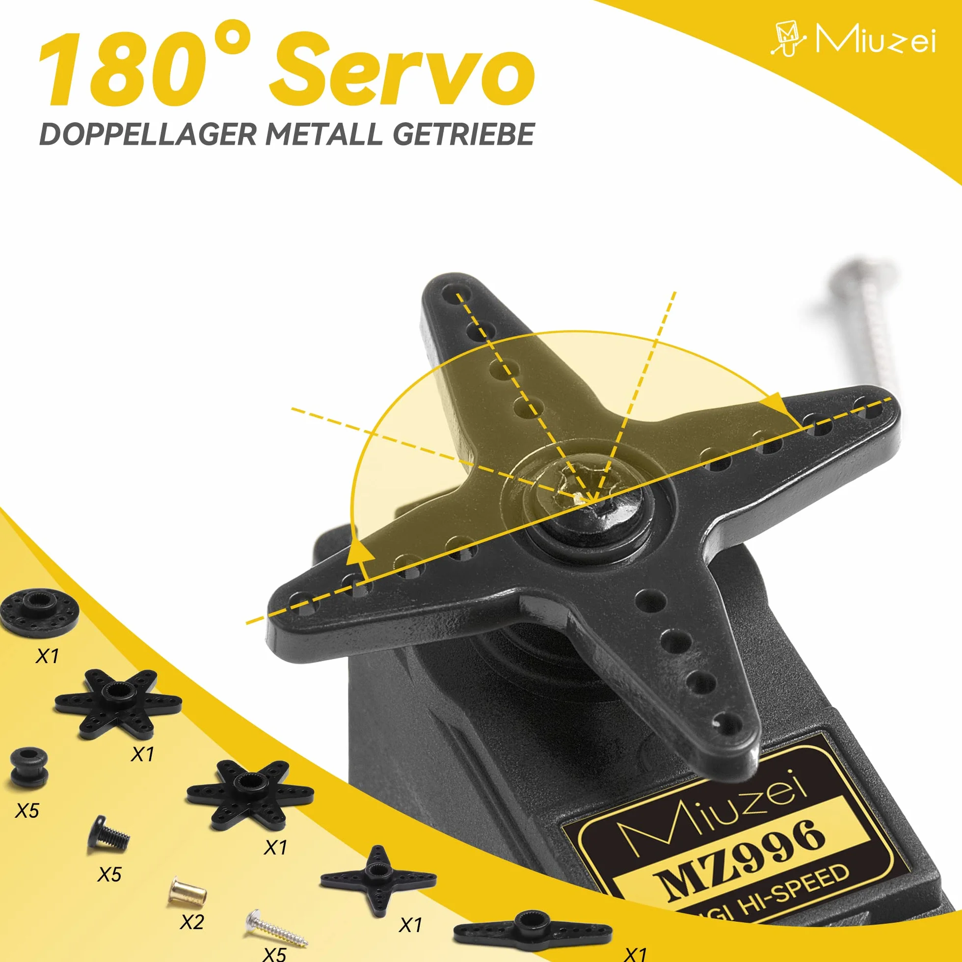 Miuzei Servo Digital MG996R serwomotor, metalowy, miedziany, wysoka precyzja i moment obrotowy, do samolotu, helikoptera, samochodu, 1/10, 1/8, 1/12, do łodzi, robota z ramieniem, samochód wyścigowy, 15 kg, 180°, serwo (1 sztuka)