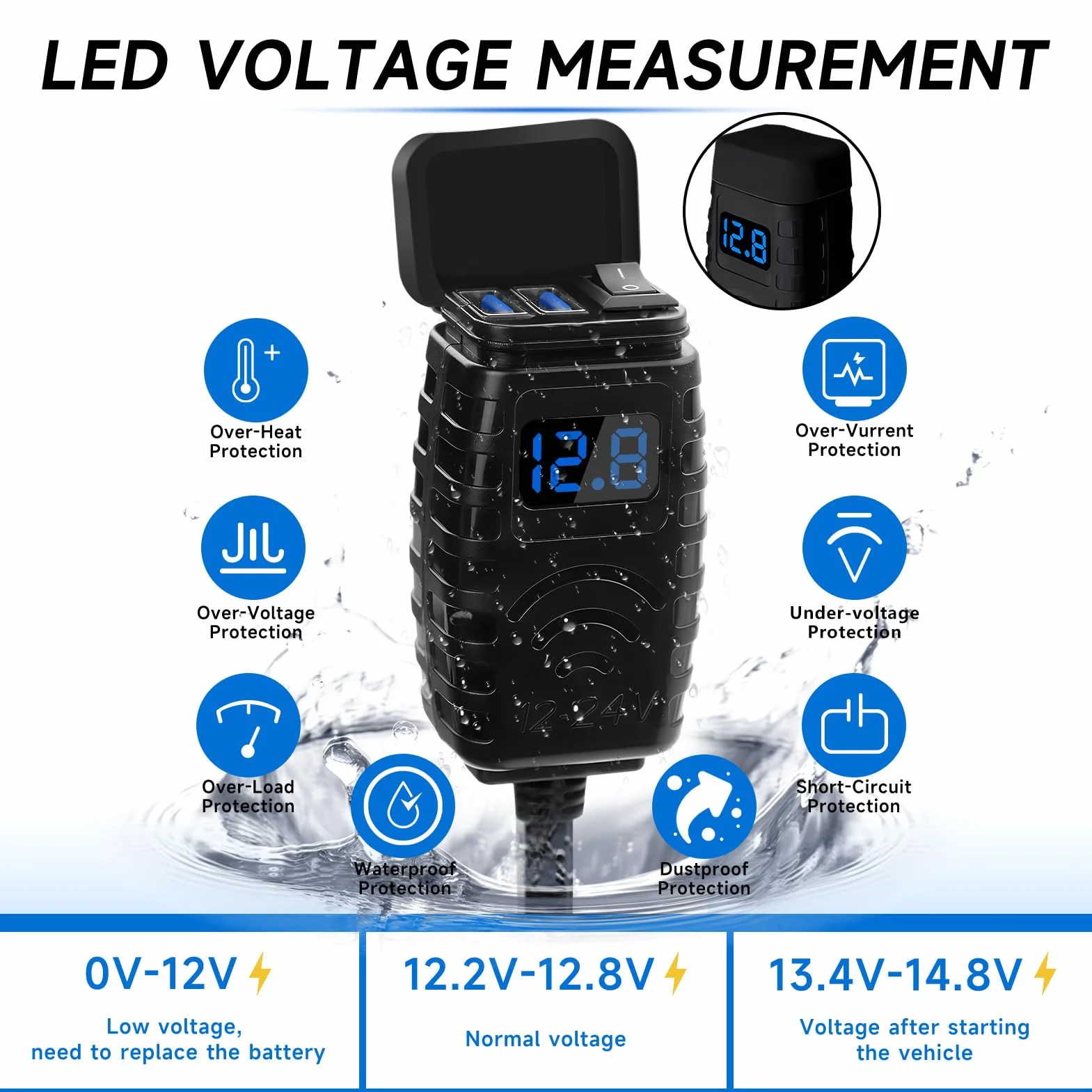 Thlevel Ładowarka USB do Motocykla Quick Charge 3.0 USB-C 12-24V z Wyłącznikiem i Czujnikiem Napięcia LED