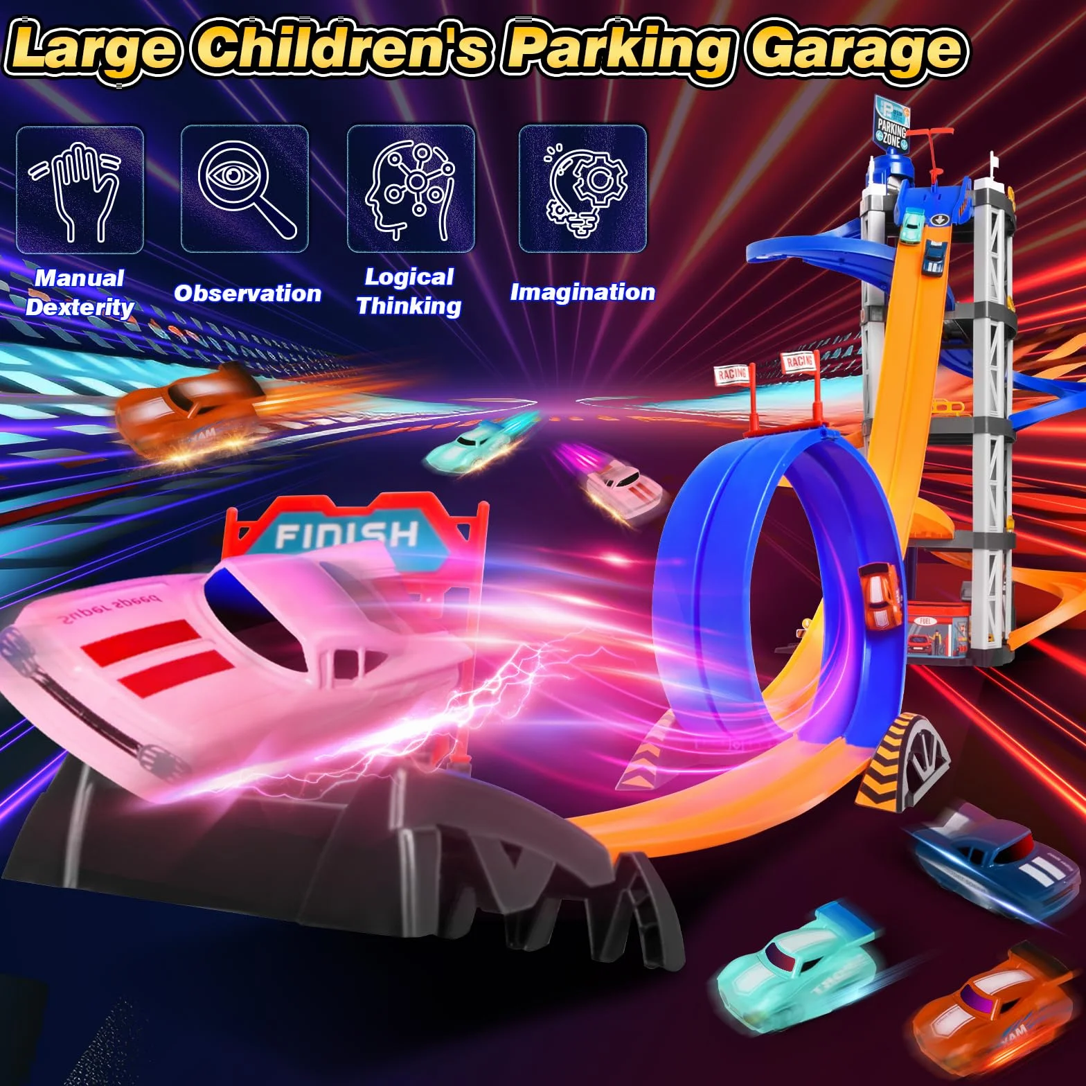 Charmofun Garaż Samochodowy Dla Dzieci, 4-Poziomowy Parking Zabawka Z Windą, Podwójna Rampa, 8 Pojazdów, Światło I Dźwięk, Prezent Dla Maluchów Od 3 Lat (58 X 37,5 X 10 CM)
