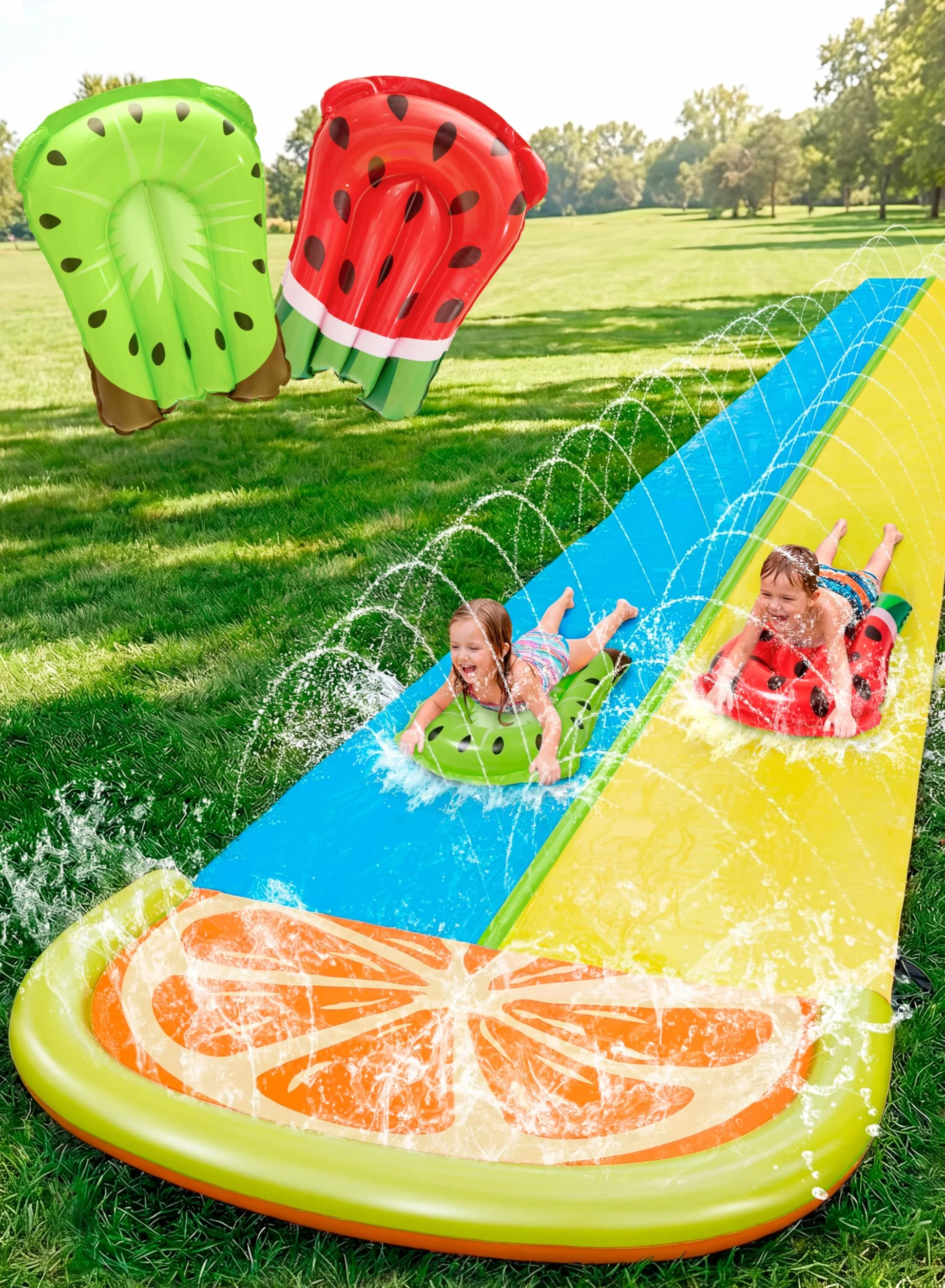 Sloosh 685,8 x 157,5 cm Water Slide 2-osobowa zjeżdżalnia wodna z 2 deskami typu boogie, do ogrodu, na zewnątrz, ze zraszaczem, letnia zabawka