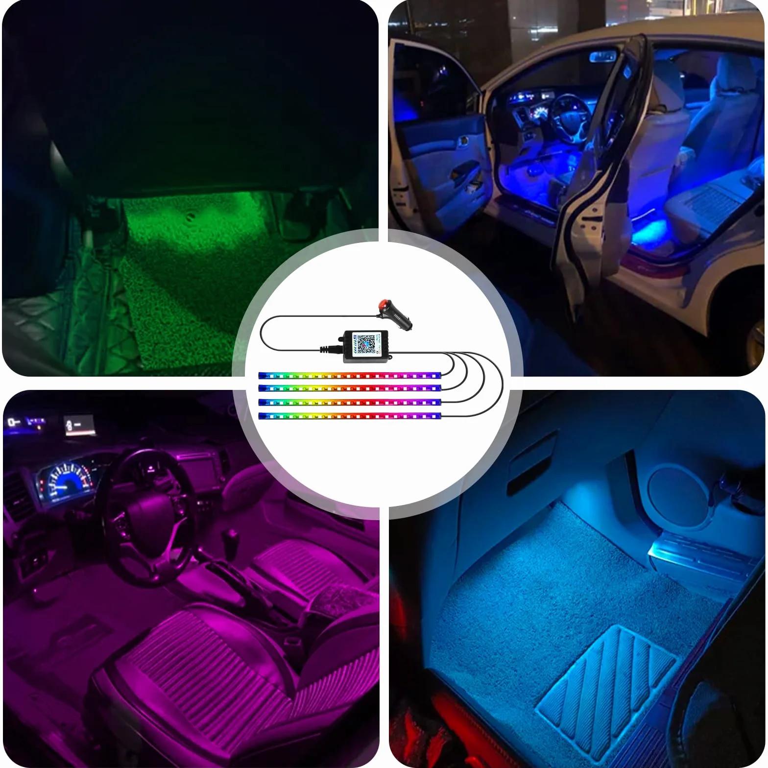 Oświetlenie wewnętrzne LED do samochodu 4 sztuki 72 paski RGB 12 V taśma LED ze sterowaniem aplikacją
