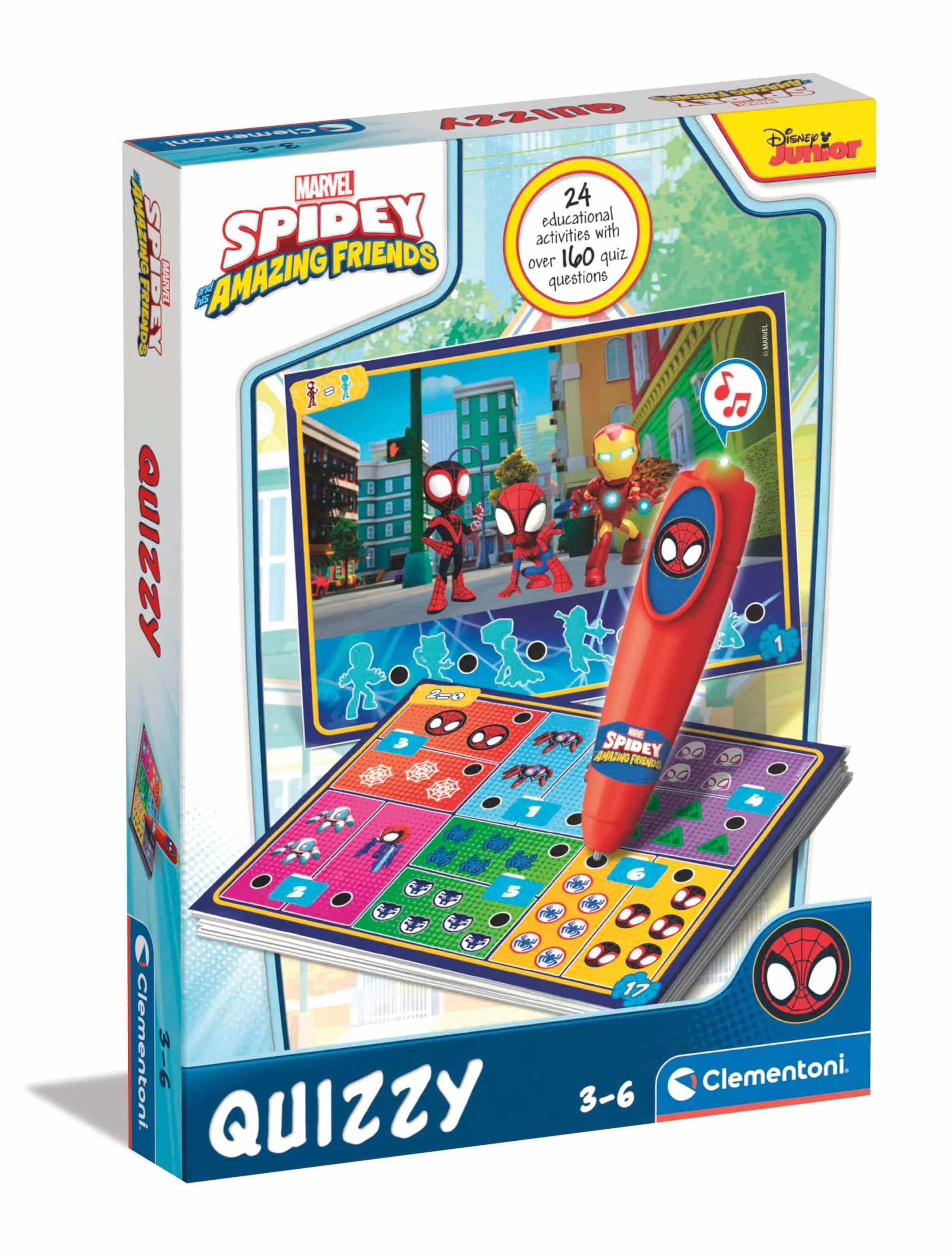 Clementoni Gry edukacyjne - długopis elektroniczny Basic Marvel Spidey, gra quizowa dla dzieci z elektronicznym długopisem, zabawki edukacyjne 3 lata, wielojęzyczne, baterie w zestawie, wyprodukowano