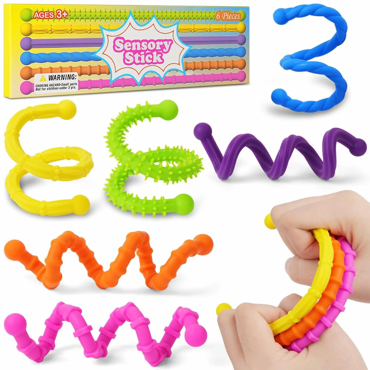 OSDUE Antystresowe kije sensoryczne, 6 sztuk, silikonowe zabawki sensoryczne, teksturowane, teksturowane fidget, kolorowe patyczki do autyzmu, ADHA, stres, lęk, 25 cm