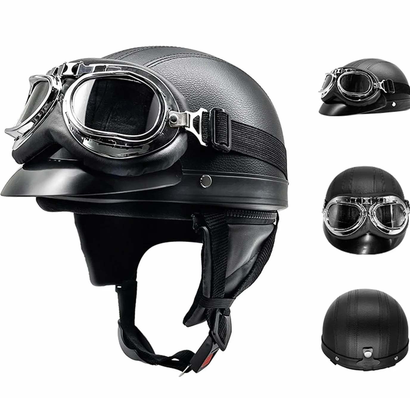 Kask motocyklowy retro skórzany pół twarzy ECE/DOT vintage otwarty z goglami