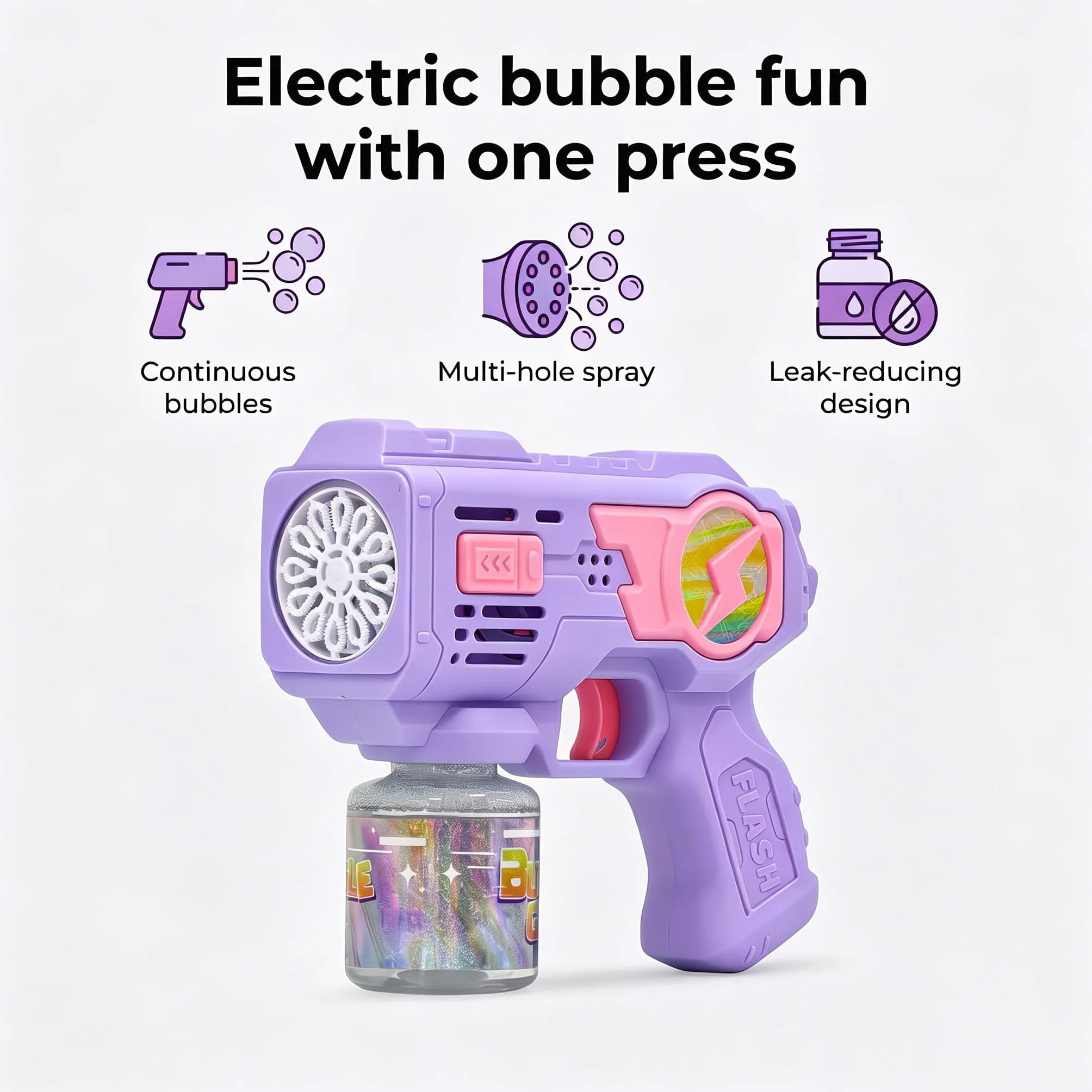 Pistolet do baniek, 1 szt. – automatyczna maszyna do robienia baniek z oświetleniem LED, 2 x 80 ml płynu do baniek, zabawka outdoorowa, prezent dla dzieci od 3 lat, fioletowy