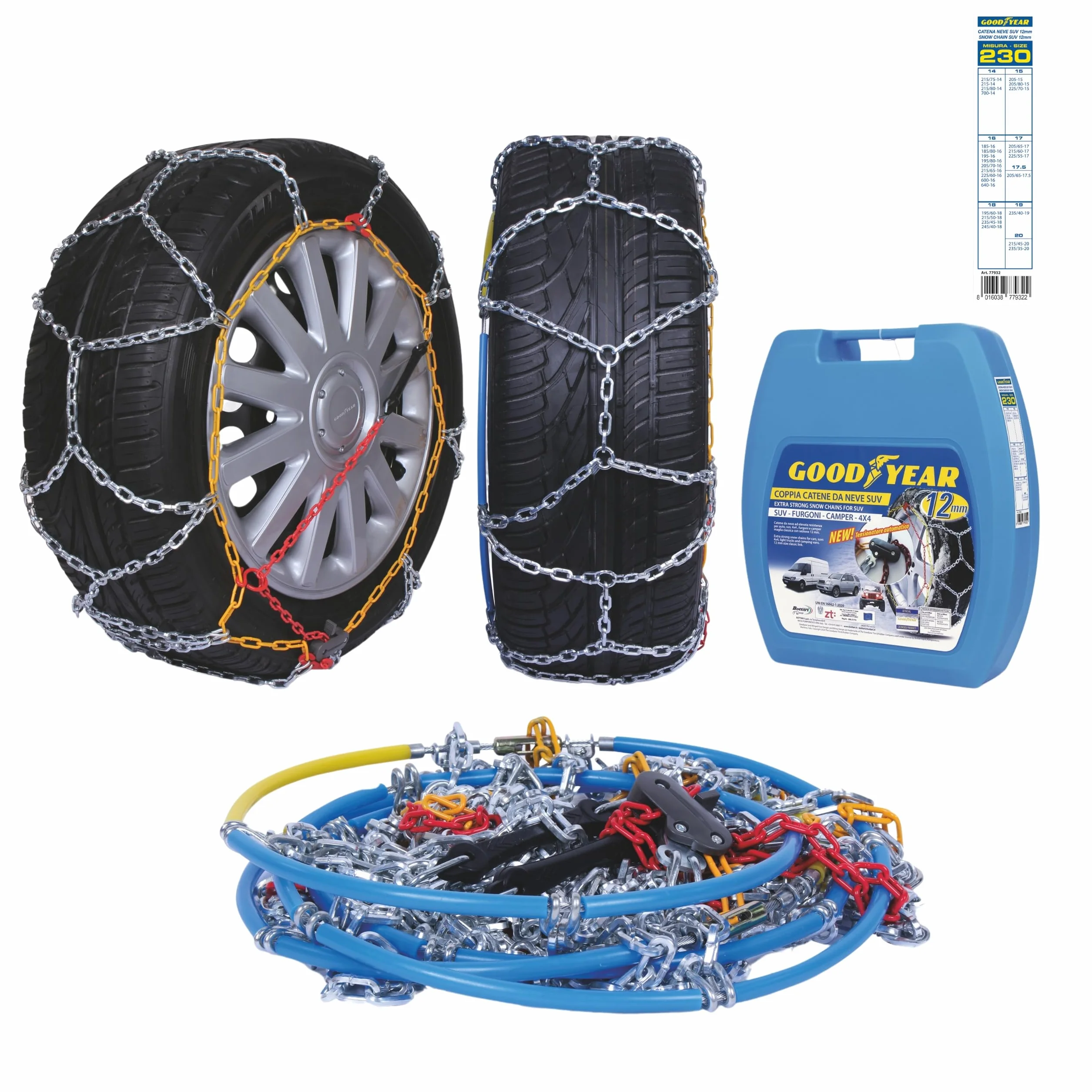 Goodyear Catene da Neve G12 12 mm per SUV Furgoni Camper 4x4 Omologate TUV GS Onorm Taglia 230 R14-R20