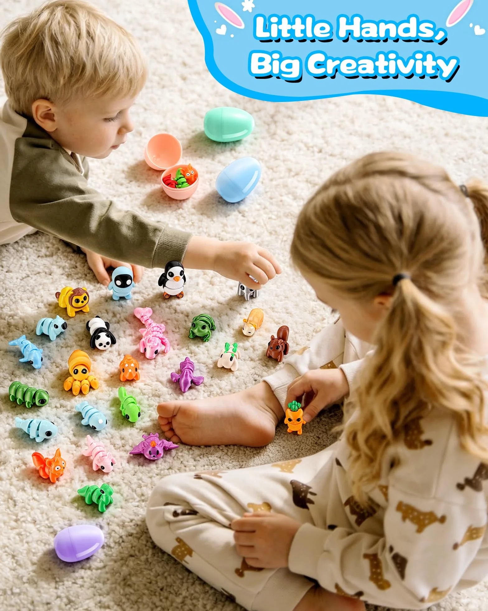 Kizmyee 8 jajek wielkanocnych do wypełnienia, 32 sztuki, figurki zwierząt 3D, elastyczne, ruchome zabawki fidget toy, prezenty do wypełnienia jajek wielkanocnych, prezenty urodzinowe, nagrody po