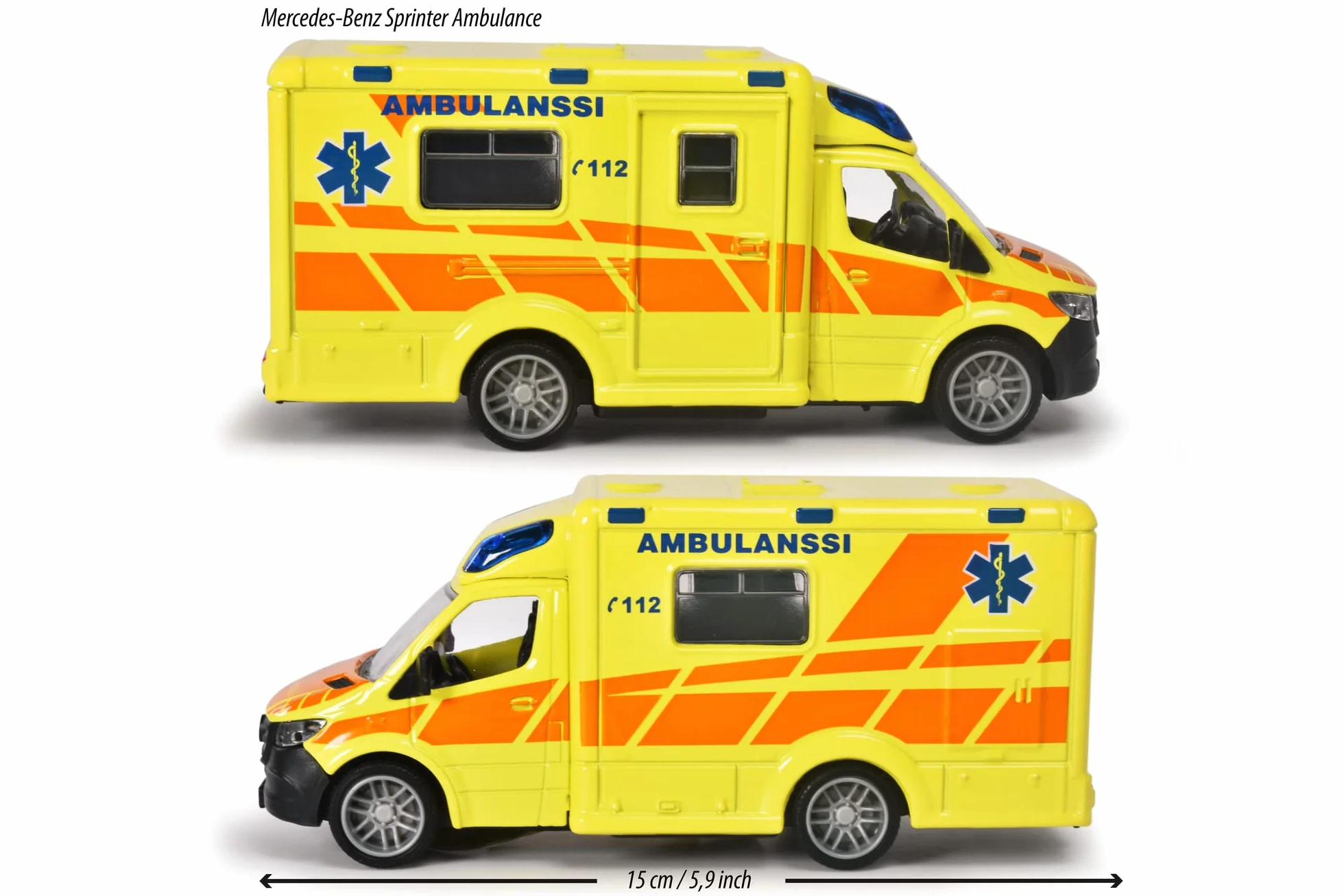 Majorette 213712001019 - Grand Series - Mercedes-Benz Sprinter Fiński Ambulans - Karetka pogotowia fińskiego modelu z Wolnobiegiem, Metal, Lekki, Dźwięk, Miękkie gumowe opony, 12,5 cm, 1:43, Od 3 lat,
