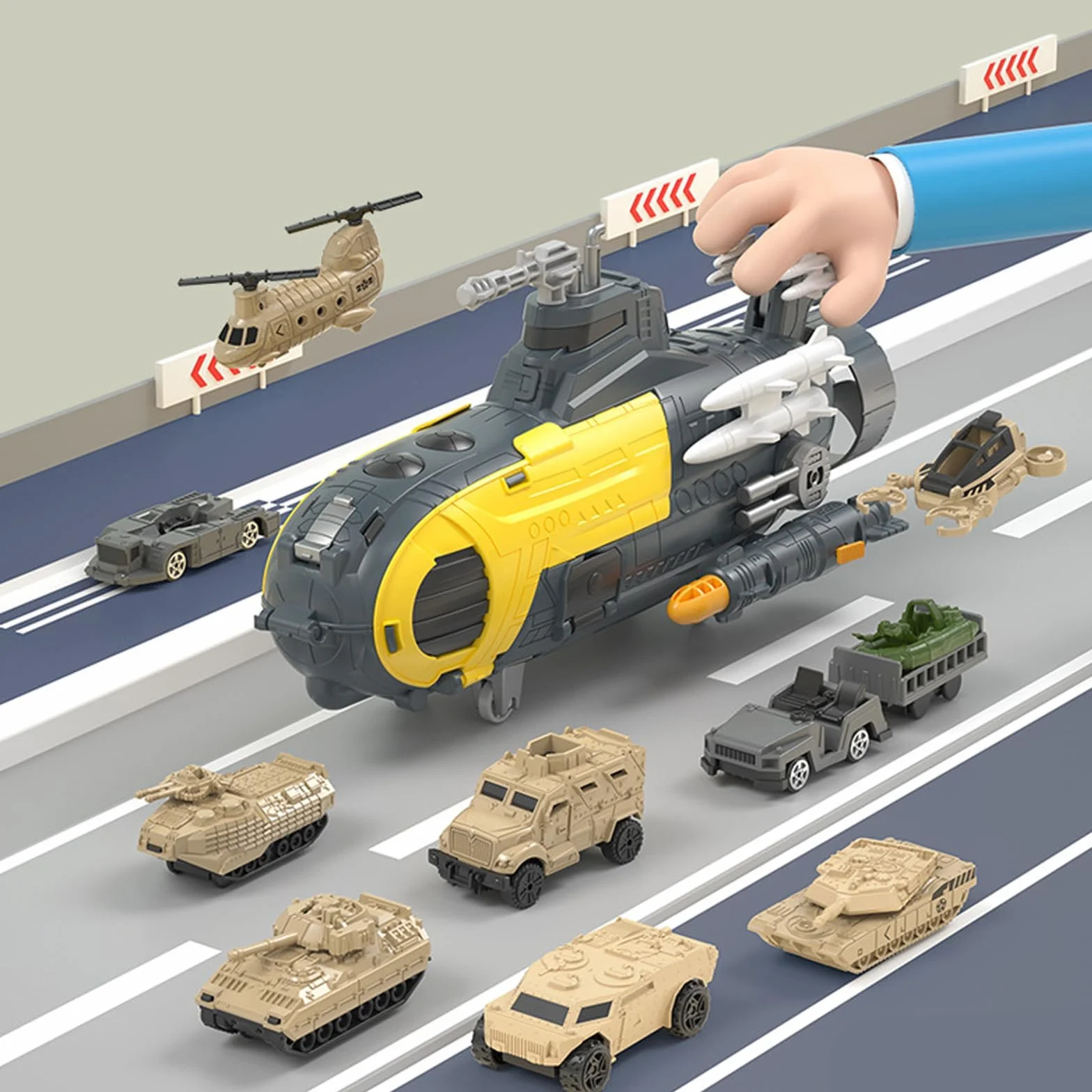 Model statku powietrznego lotniskowca, model łodzi podwodnej, odkształcalny, zawiera 18 rodzajów transportu ze znakami drogowymi i matami do zabawy, zabawka samolotowa, zestaw zabawek dla dzieci 3+